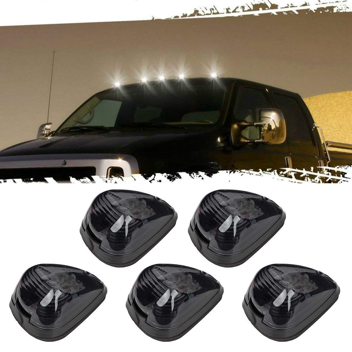 5Pcs Smoke Lens With White Led Cab Roof Marker Lights, Roof Top Lamp Running Light Replacement Compatible With Ford 1999-2016 E,