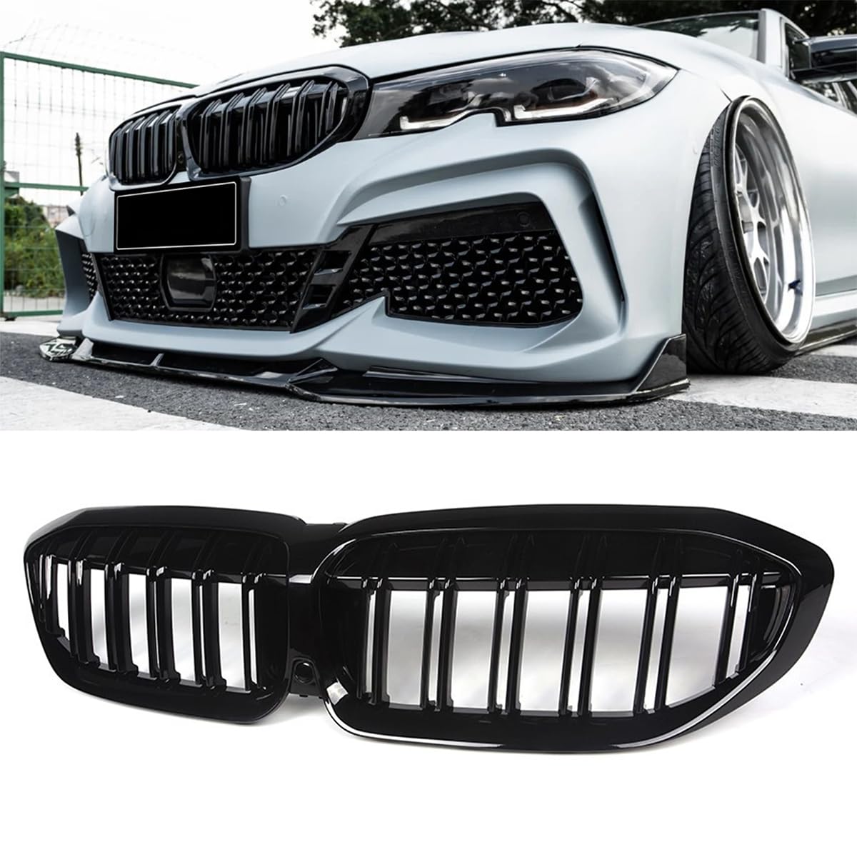AceRide G20 Grille Front Bumper Kidney Grill Compatible with BMW 3-Series G20 G31 2019-2022 Double Slats Grills(Gloss Black)