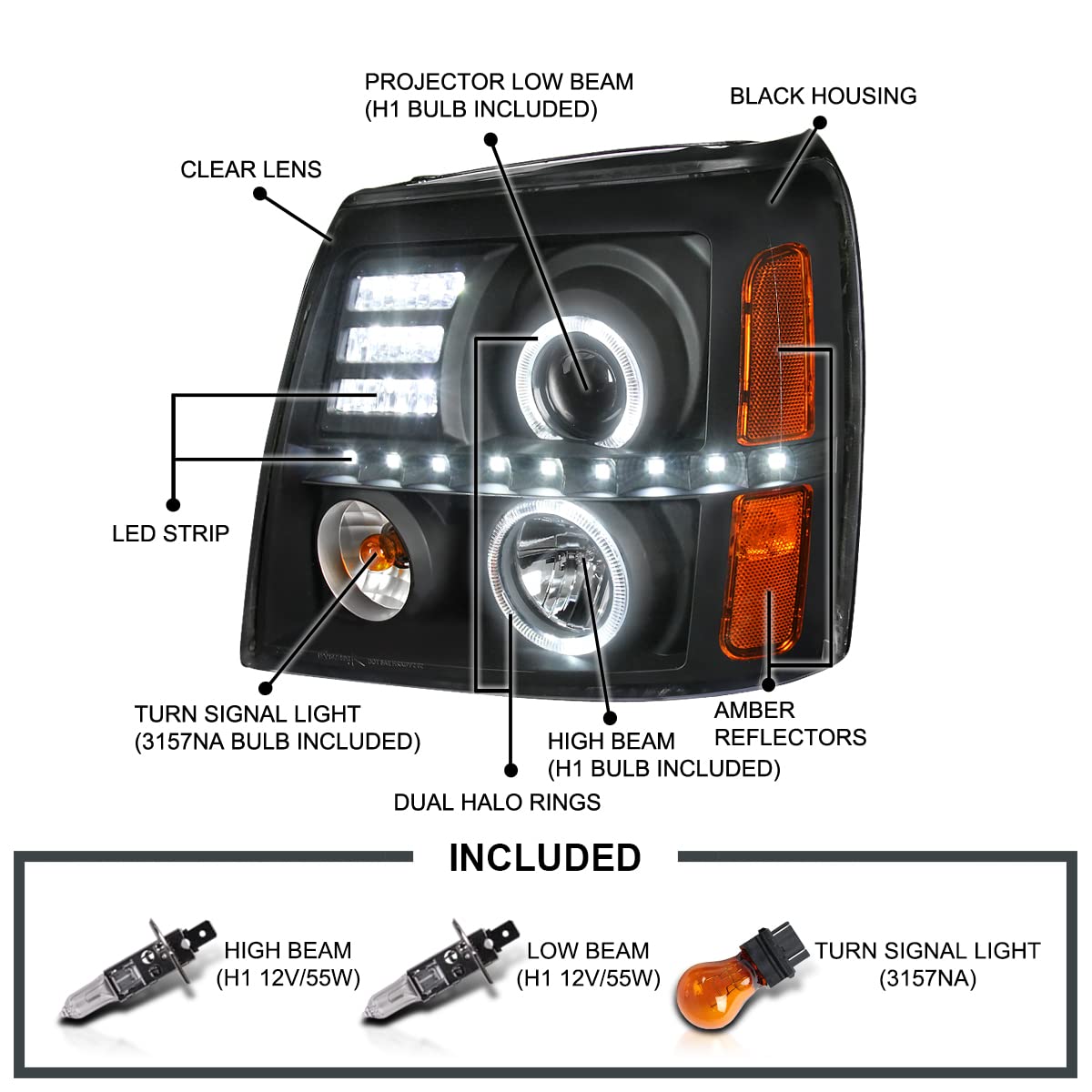 Spec-D Tuning Led Dual Halo Headlights Black Compatible With 2002-2006 Cadillac Escalade All, Left + Right Pair Headlamps Assembly