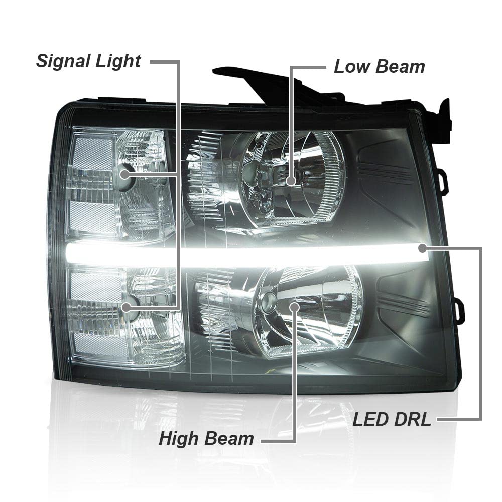 Cheda Led Drl Headlight Assembly Compatible With 2007-2013 Chevy Silverado 1500/Silverado 2500 3500 & Hd Models 2007-2014 Clear