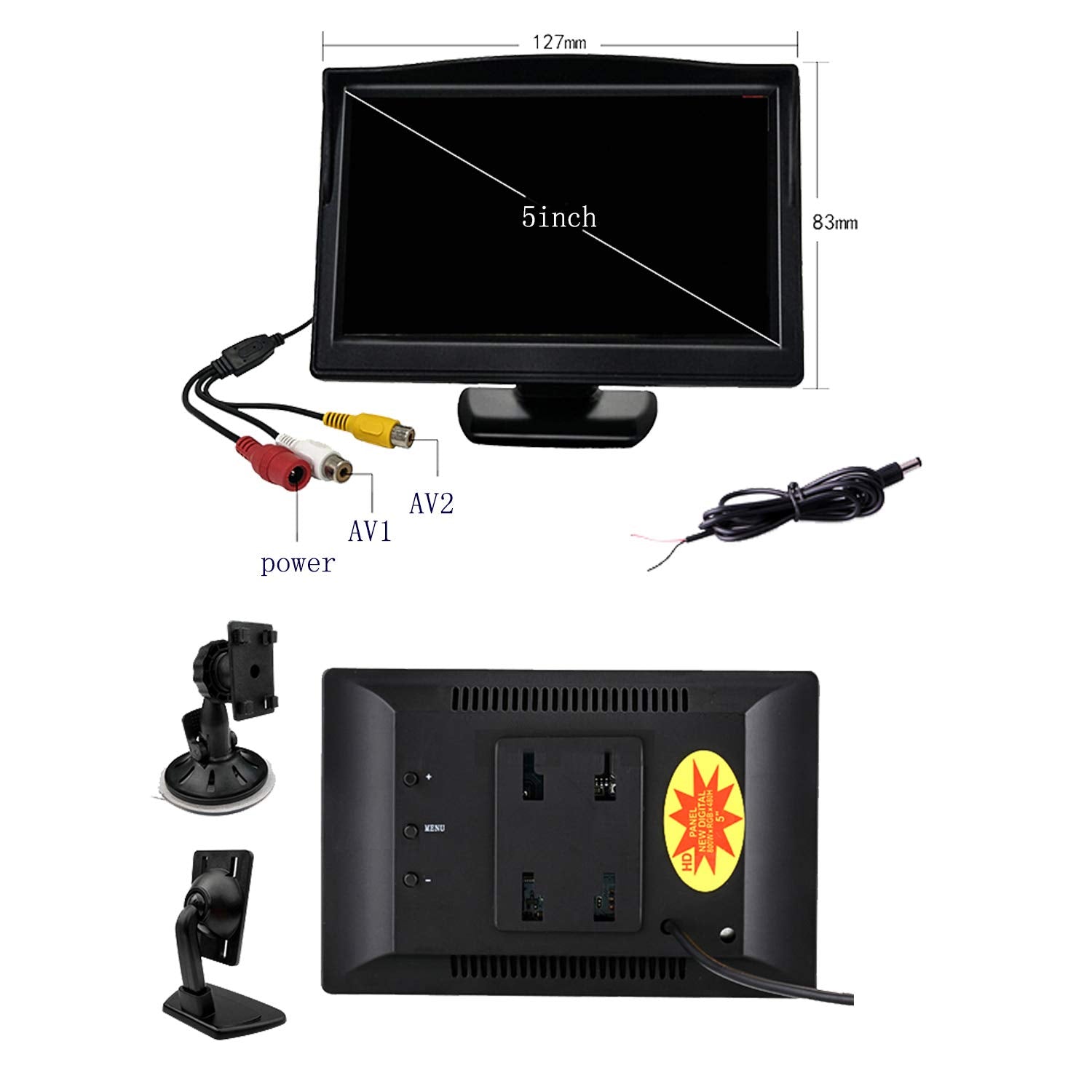 Padarsey 5 Inch Tft Lcd Car Color Rear View Monitor Screen For Parking Rear View Backup Camera With 2 Optional Bracket(Suckers M