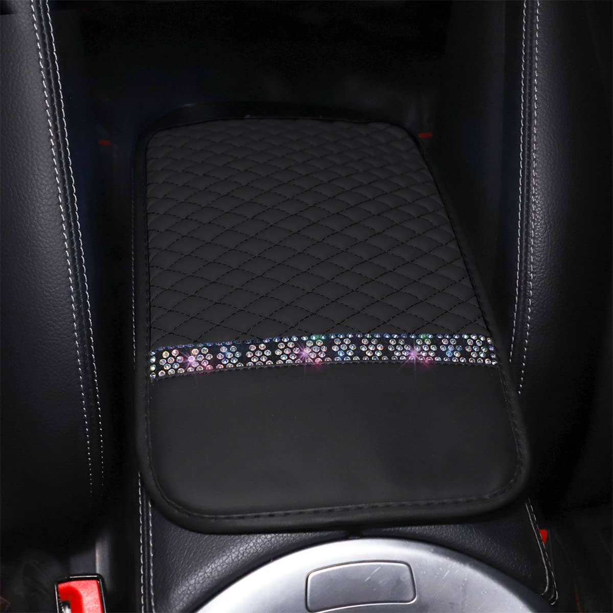 Bling Leather Car Center Console Cover, Car Center Console Protector With Glossy Crystal Rhinestone, Universal Waterproof Car Armrest Seat Box Cover For Most Car, Vehicles, Suvs, Trucks (Black)