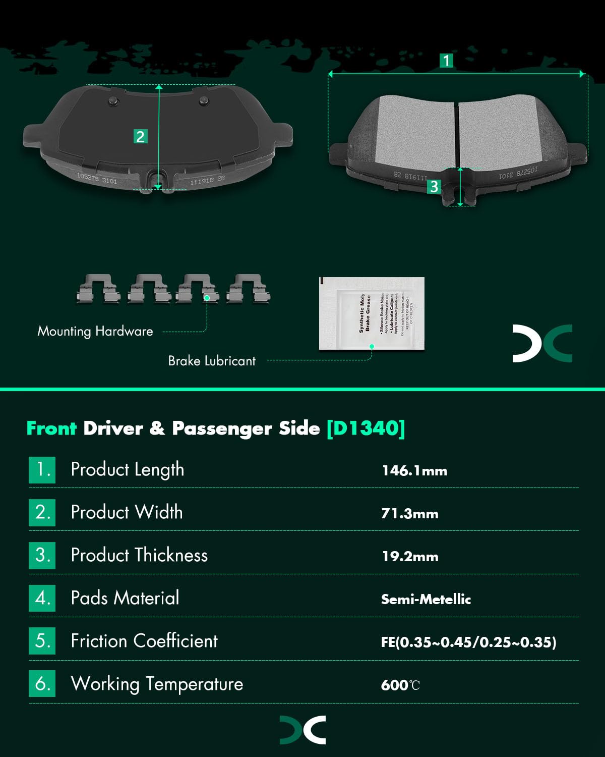 Scitoo D1340 Front Semi-Metal Brake Pads Sets Fit For Mercedes-Benz C250 2010-2015,For Mercedes-Benz C300 2008-2012,For Mercedes