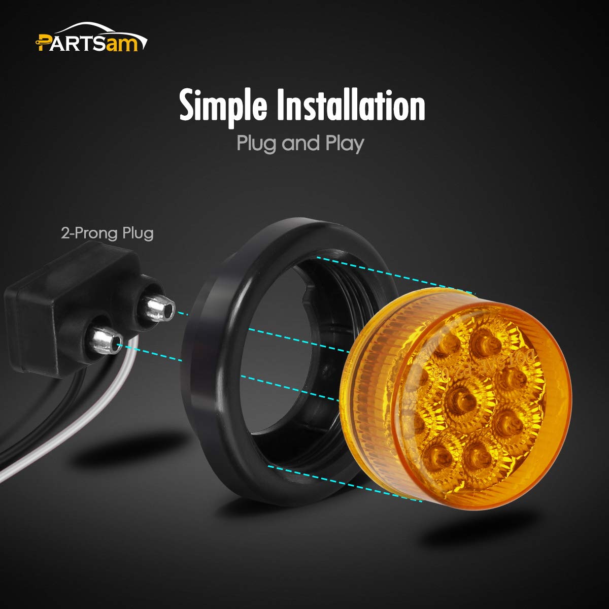 Partsam 2Pcs 2 Inch Round Truck Trailer Led Side Marker Clearance Light Amber 9 Diodes With Reflectors Sealed Waterproof 12V 2 I