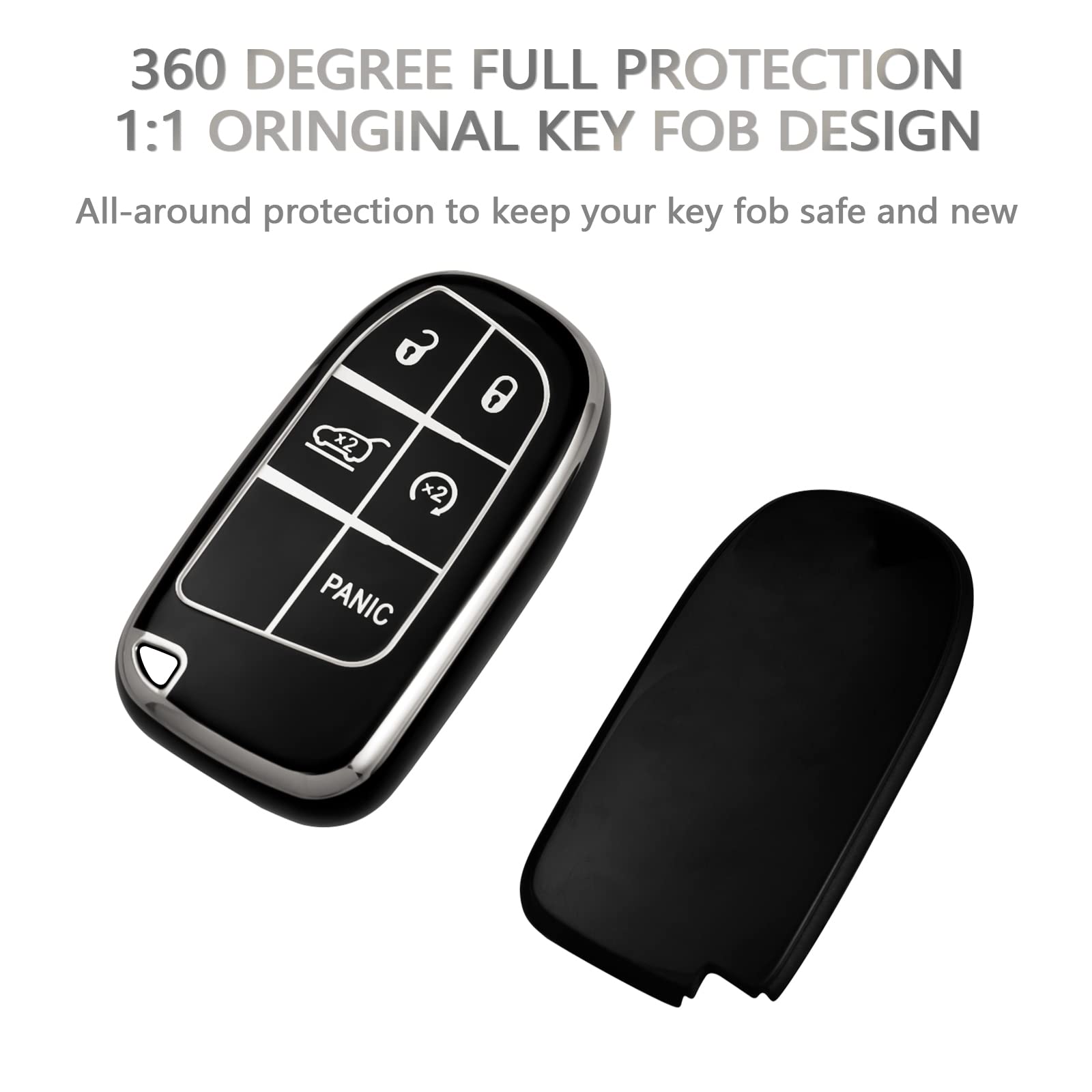 Offcurve Key Fob Cover For Dodge Jeep Car Key Case For Jeep Grand Cherokee Renegade Dodge Challenger Charger Dart Durango Caravan Ram Chrysler 200 300 Remote Smart Key Accessories, Black