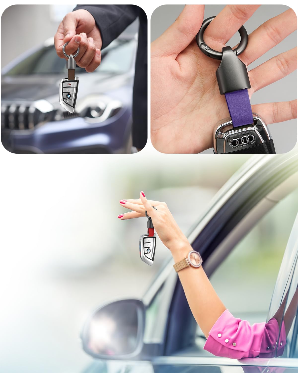 Whtawtaw Car Key Chain Ring Clip, Universal Leather Car Keychain Holder, Small Key Fob Accessory With Anti-Lost O-Ring Keyrings