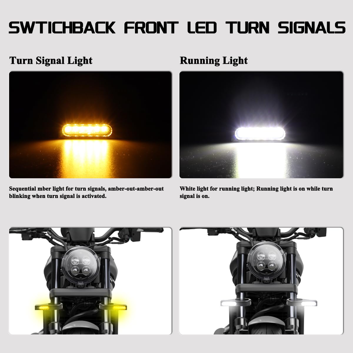 FACAILAHA Motorcycle Front Fork LED Turn Signals Universal Sequential Switchback Running Lights 12V Amber Blinkers W/Mounting Br