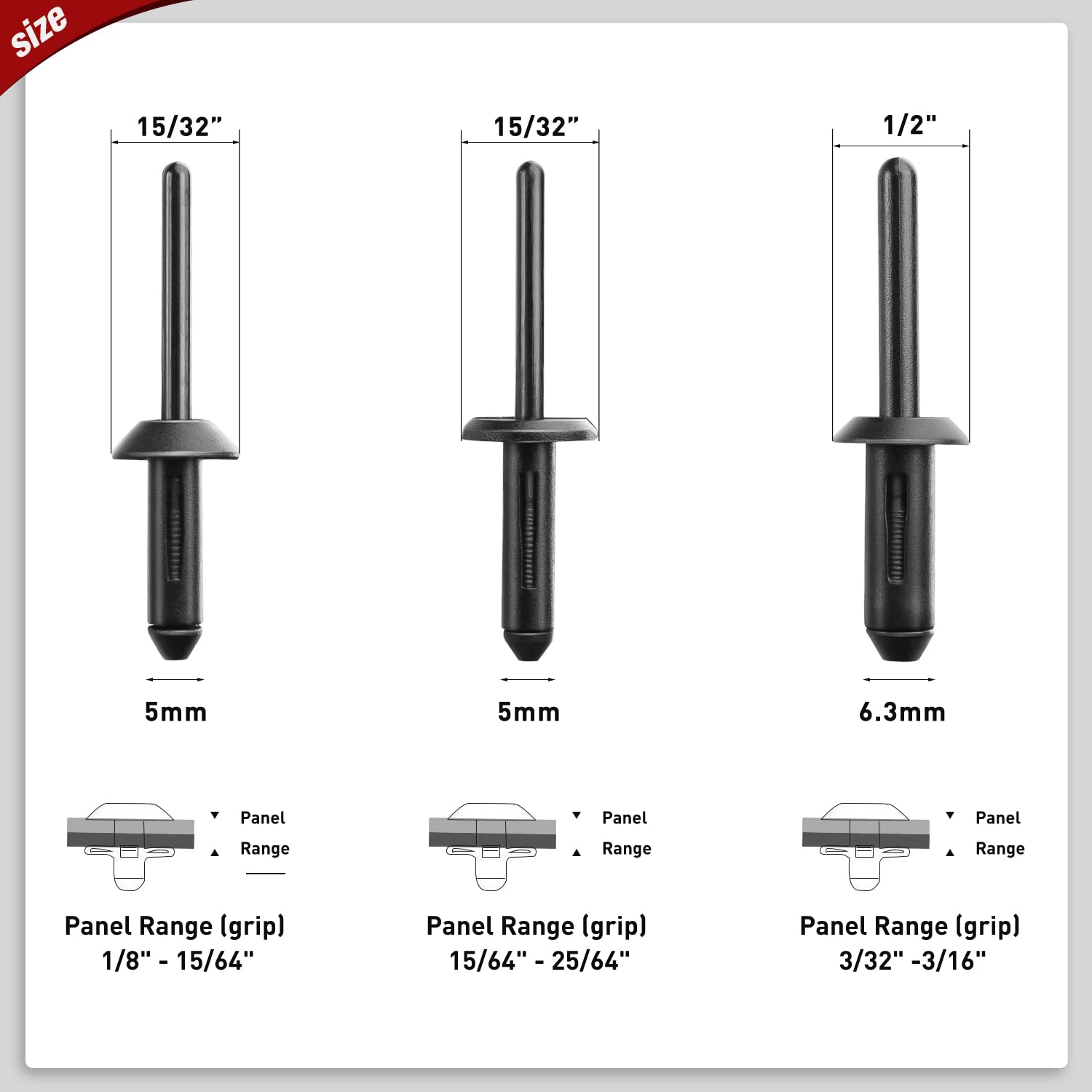 Nilight 115Pcs 6 Sizes Universal Pop Rivet Assortment Rivet Clip Black Nylon Blind Rivets Compatible With Gm Ford Chrysler Vw 2