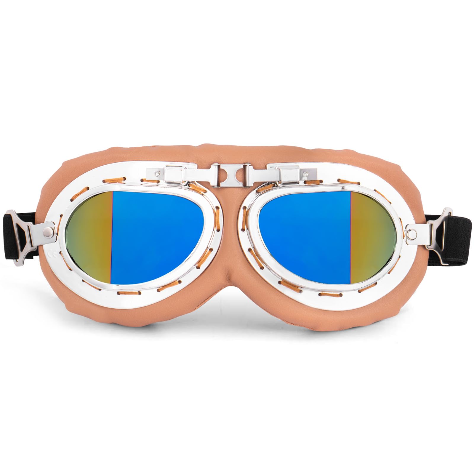 Peicees Vintage Helmet Goggles Motorcycle Goggles Bike Motorcross Pilot Goggle, Copper Silver-Colorful, Silver Frame