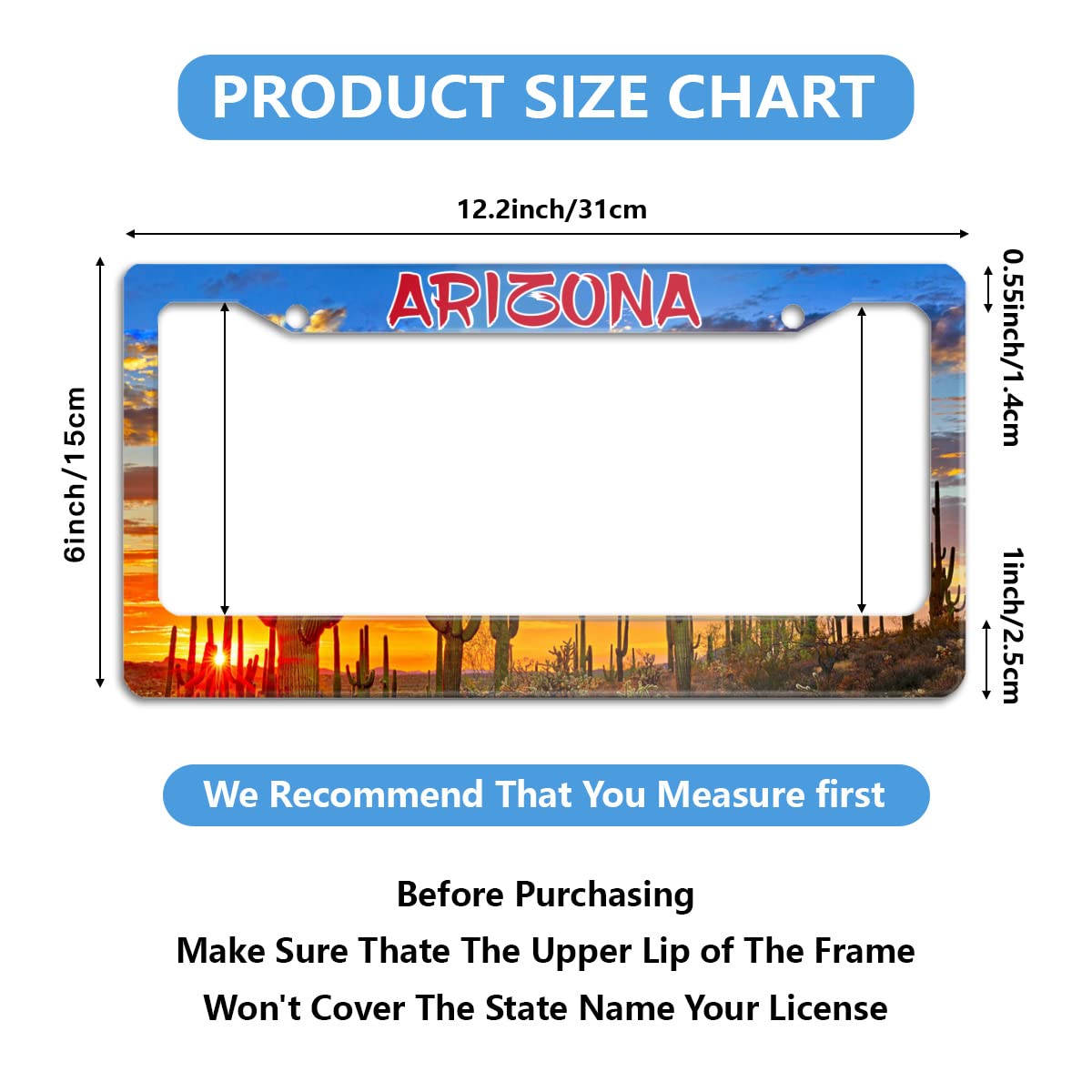 Arizona'S Sunset Desert Cactus License Plate Frame Stainless Steel Car Accessories Personalized License Plate Fits Standard U.S.