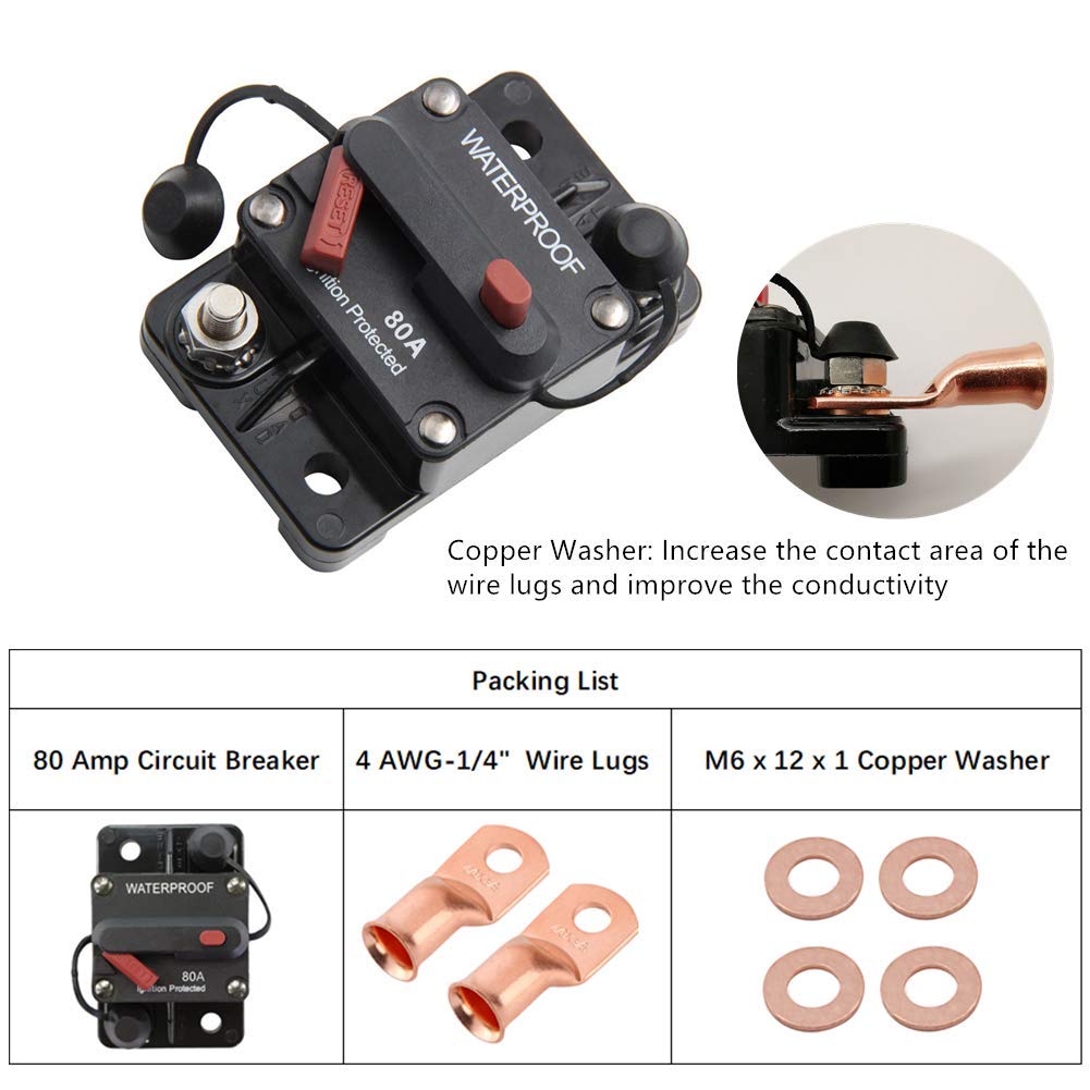 Stetion 80 Amp Circuit Breaker Trolling With Manual Reset Car Marine Trolling Motors Boat Atv Manual Power Protect For Audio System Fuse 12V-48Vdc Waterproof (80Amp)