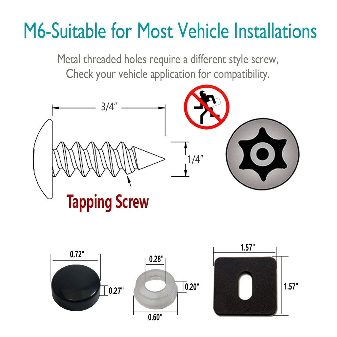 Aootf Anti Theft License Plate Screws- Rust Stainless Steel Plate Screw Resistant Security Tamper Resistant Machine License Plate Bolt License Plate Frame Fastener, Black Caps, Anti-Rattle Pad