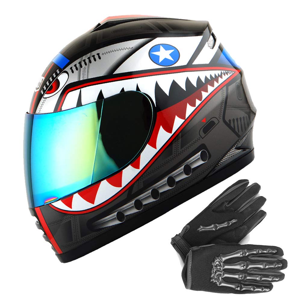 Wow Youth Motorcycle Full Face Helmet Street Bike Bmx Mx Kids Shark Black + Mx Skeleton Glove Bundle Size Medium