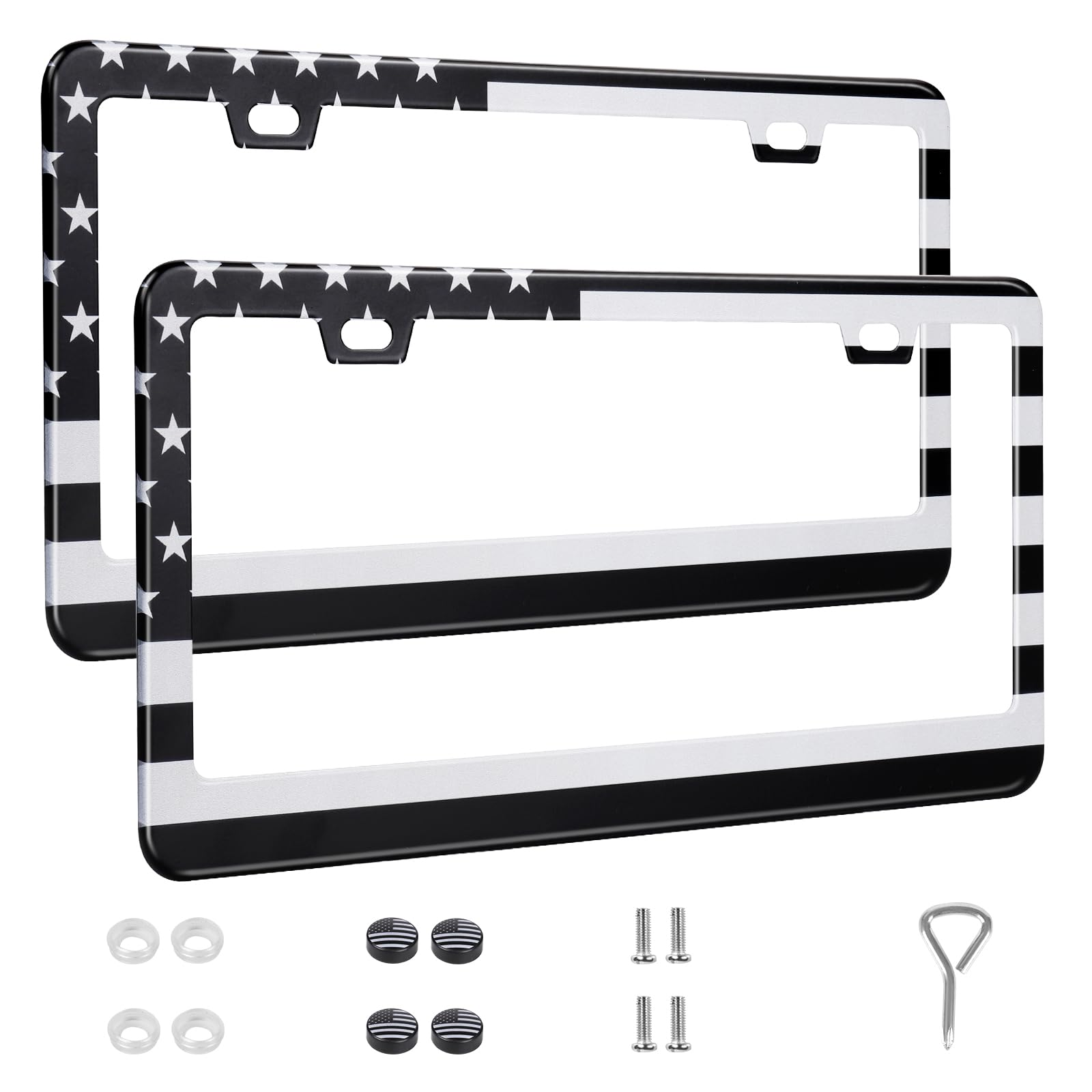 Quanqiufei 2 Pack License Plate Frames, Stainless Steel Car License Plate Cover Car Accessories With Screw Caps (Grey And Black)