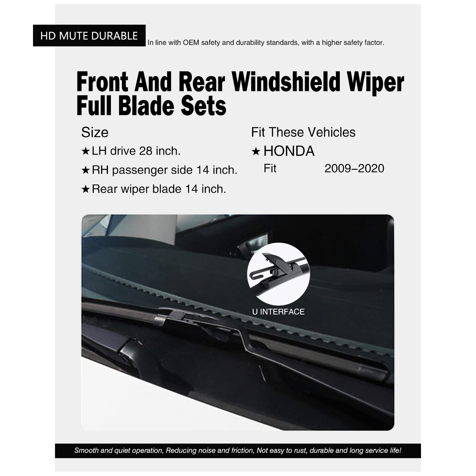 Replacement For Honda Fit 2009-2020 Silent Wipers -Fapiuo Front And Rear Windshield Wipers 28''/14''+14'' Full Blade Set (3 Pack