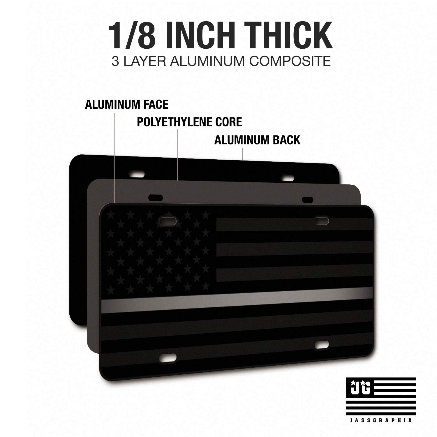 Thin Silver Gray Line American Flag License Plate Correctional Officers Matte Black On 1/8'' Black Aluminum Composite Heavy Duty