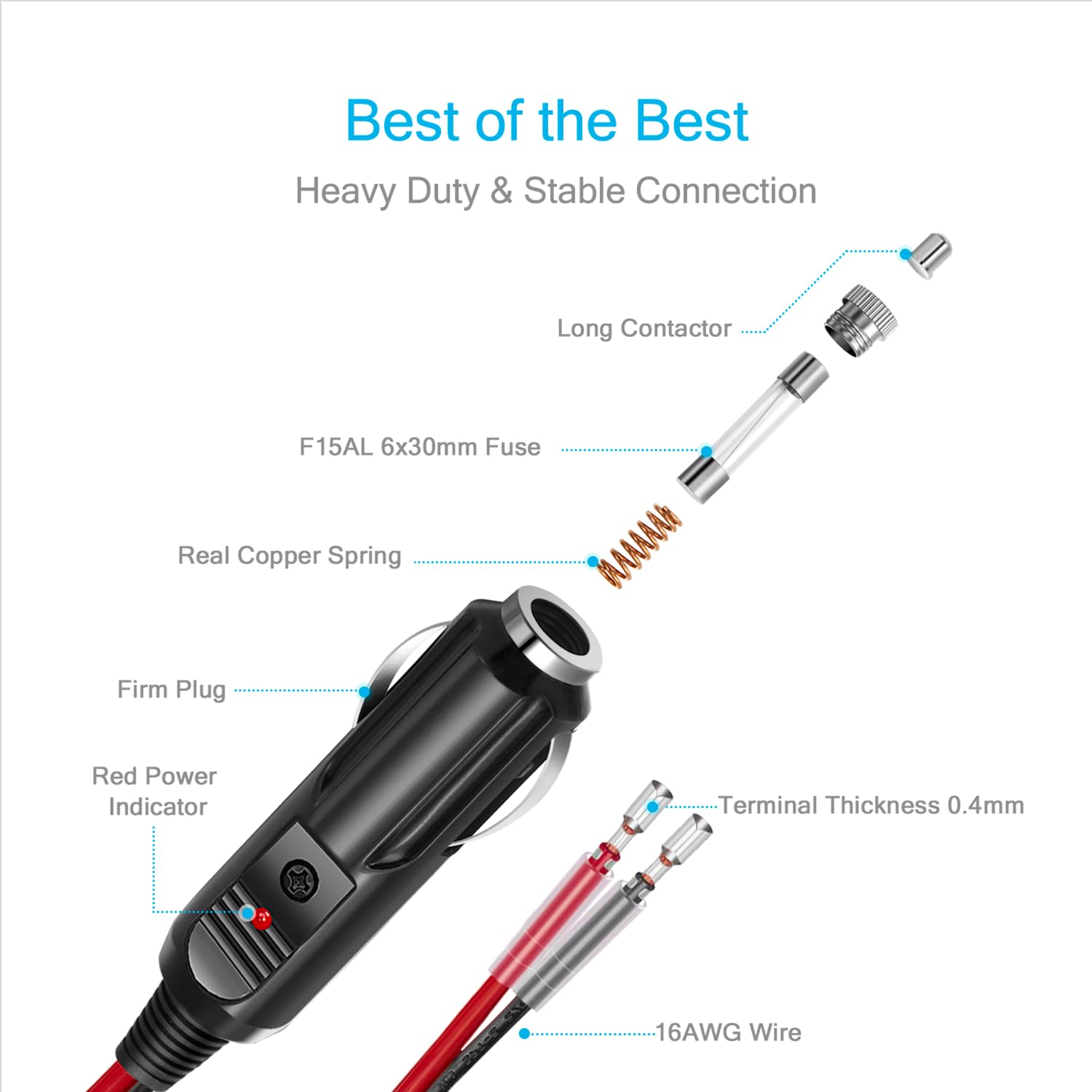 Chanzon 12V / 24V 15A Car Cigarette Lighter Plug, 16Awg Heavy Duty Fused Male Plug Adapter With Led Light, Replacement Cigarette