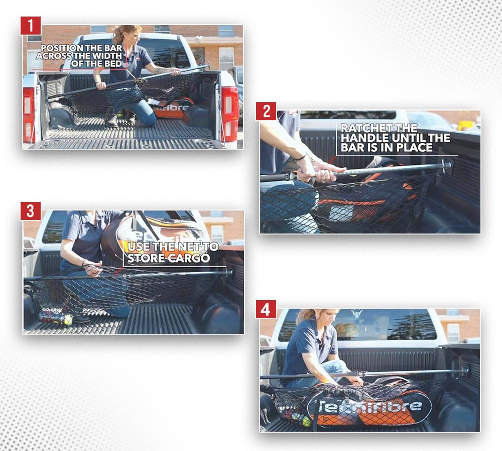 Mytee Products 4 Pack 40''-70'' Ratcheting Cargo Bar For Pickup Truck Bed With 60   X24    Storage Net - Adjustable Load Lock Ba