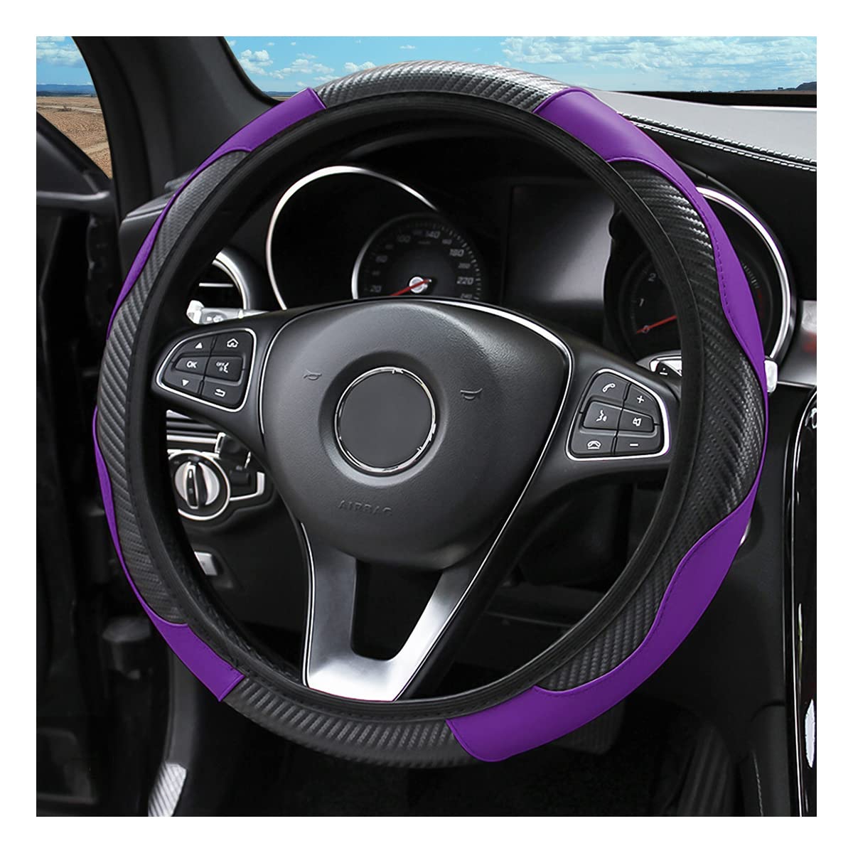 Car Steering Wheel Cover, Microfiber Pu Leather Elastic Carbon Fiber Auto Steering Wheel Protector, 15 Inch Breathable Anti-Slip For Women Men, Car Interior Accessories For Most Cars (Black/Purple)