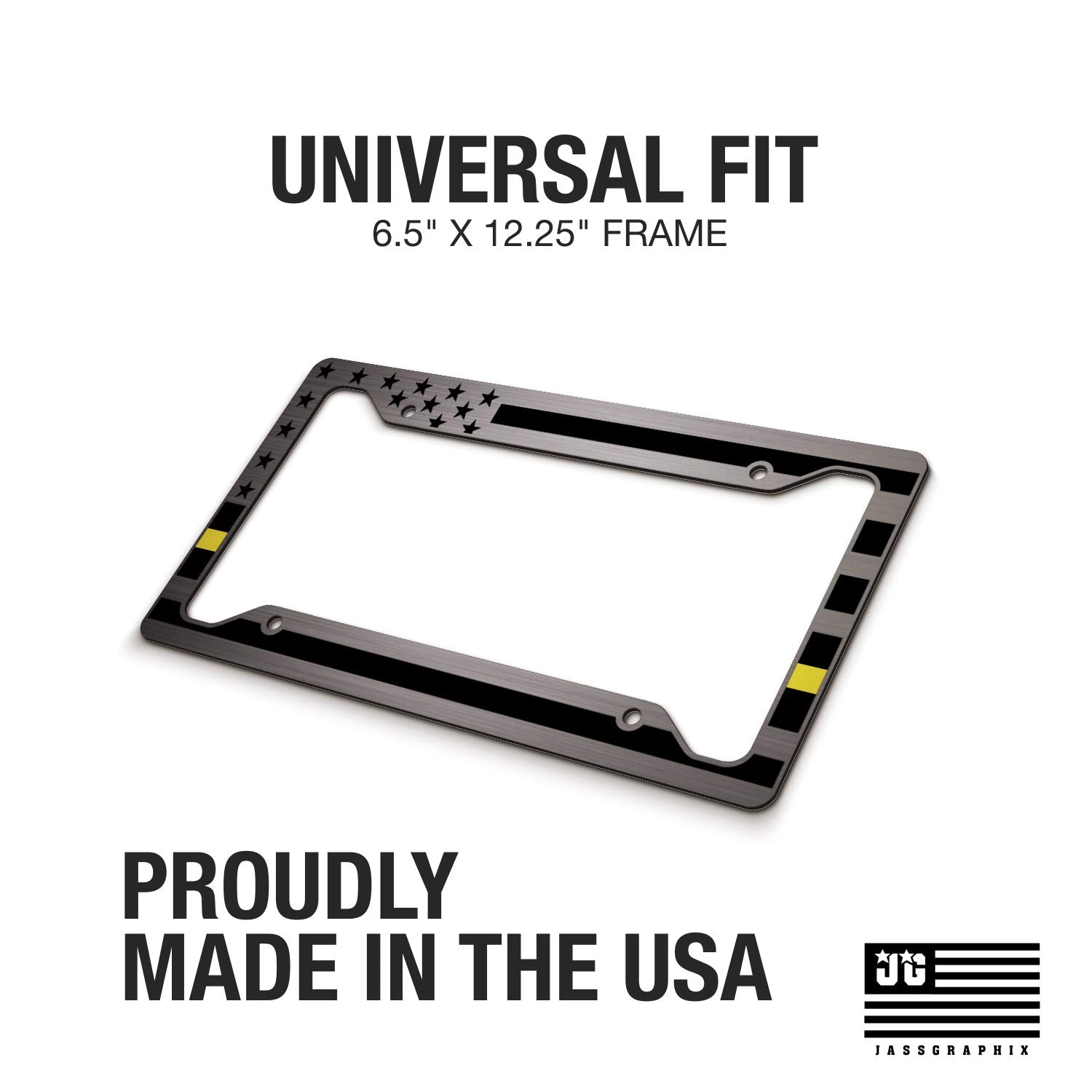 JASS GRAPHIX American Flag License Plate Frame - Thin Yellow Line - Brushed Aluminum Car Tag Frame for Tow Truck Drivers