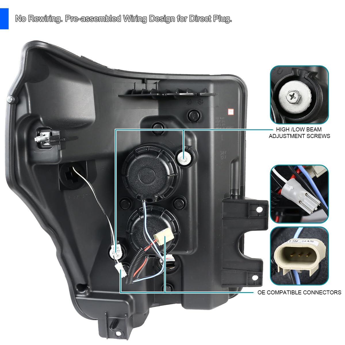 Spec-D Tuning Glossy Black Led Bar Projector Headlights Compatible With 2011-2016 Ford F250 F350 F450 F550 Super Duty Left + Rig