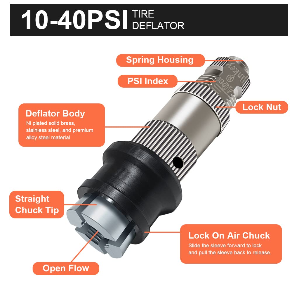 Jinkey Automatic Tire Deflator With Locking Air Chuck For Schrader Valve Straight Open Flow Air Chuck Quick Connect Air Down Tire Deflators Offroad Accessories For Car Truck Tire Pressure Equalizer