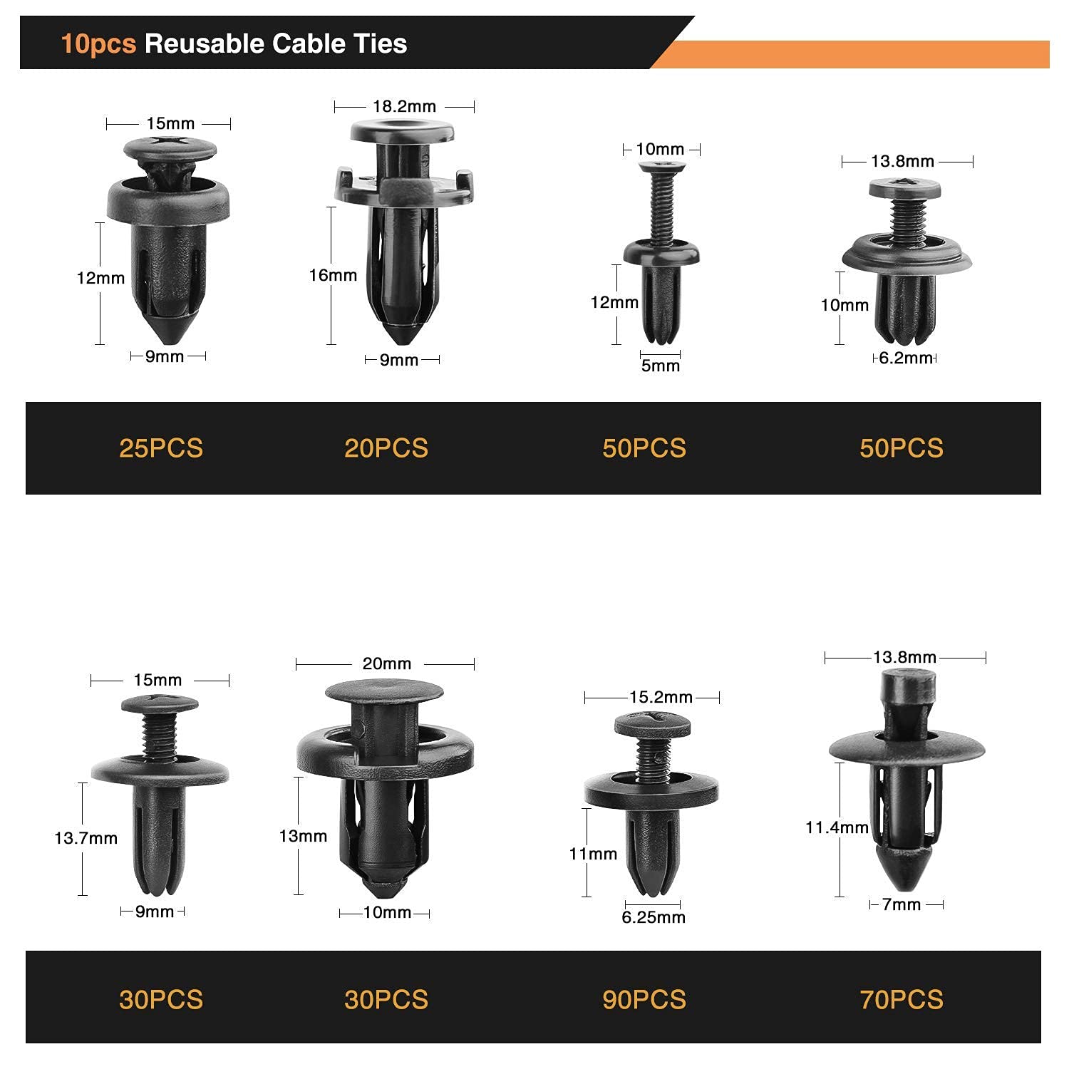 GOOACC 635Pcs Car Push Retainer Clips & Auto Fasteners Assortment -16 Most Popular Sizes Nylon Bumper Fender Rivets with 10 Cabl