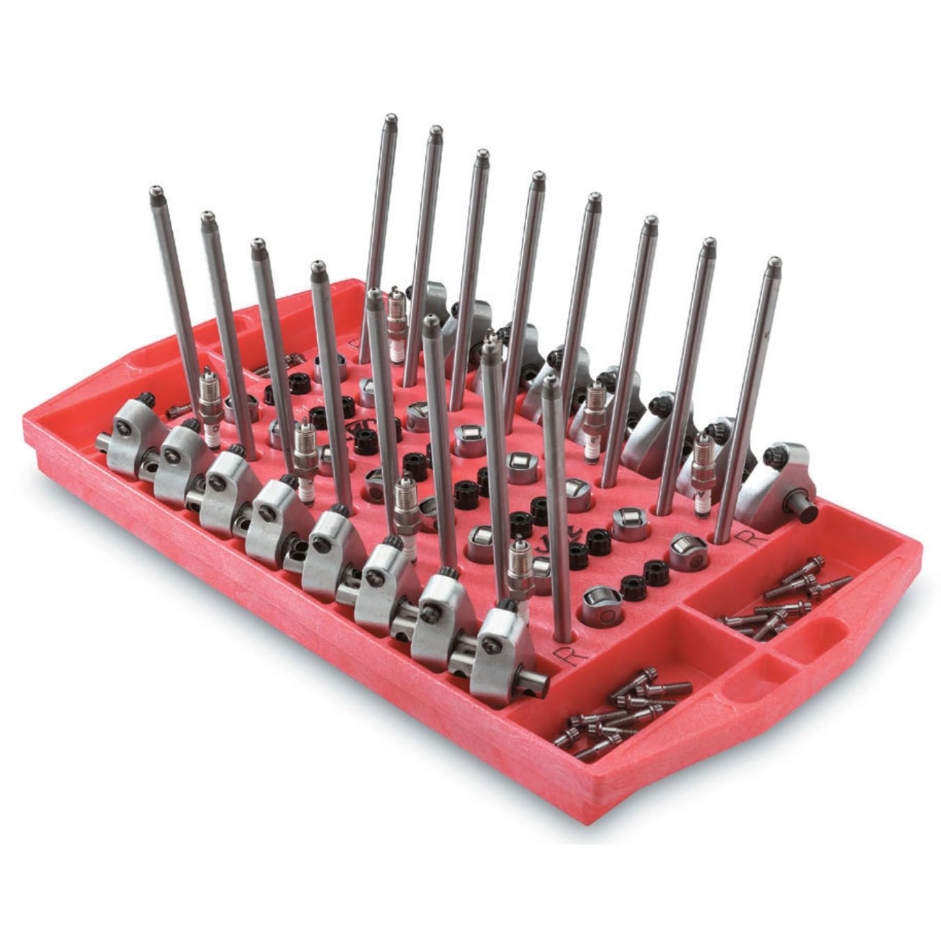 Jaz Products Valvetrain Organizer, Rocker Tray, Rocker Arms/Lifters/Pushrods/Spark Plugs, Plastic, Red, Each