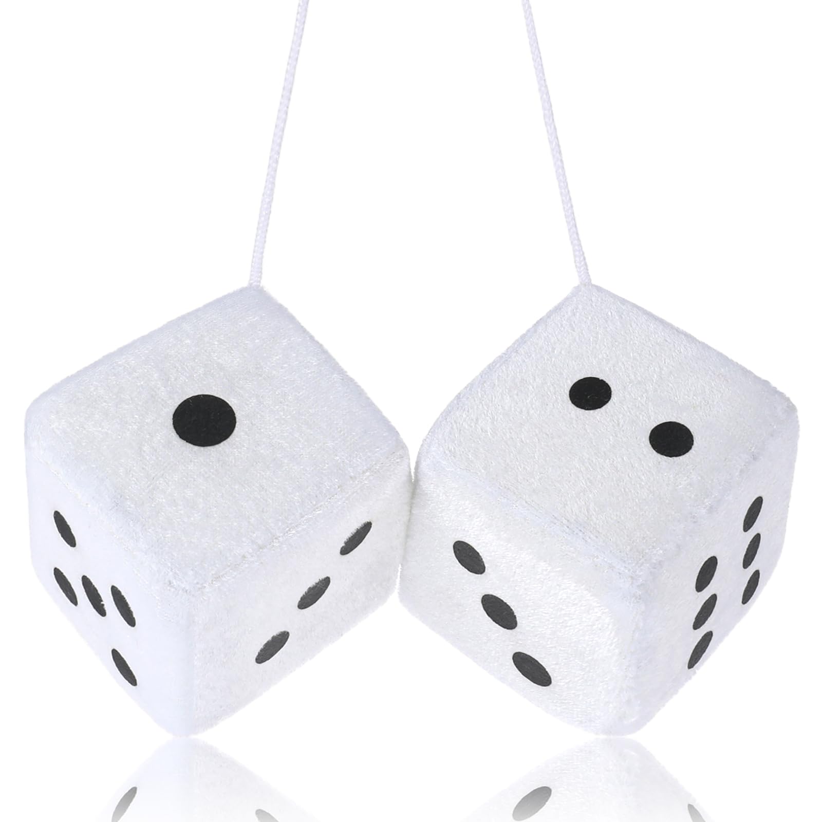 Fuzzy Dice For Rear View Mirror, White Fuzzy Dice For Car Mirror, 2.75Inch Pair Of Plush Retro Square Hanging Dice With White Do