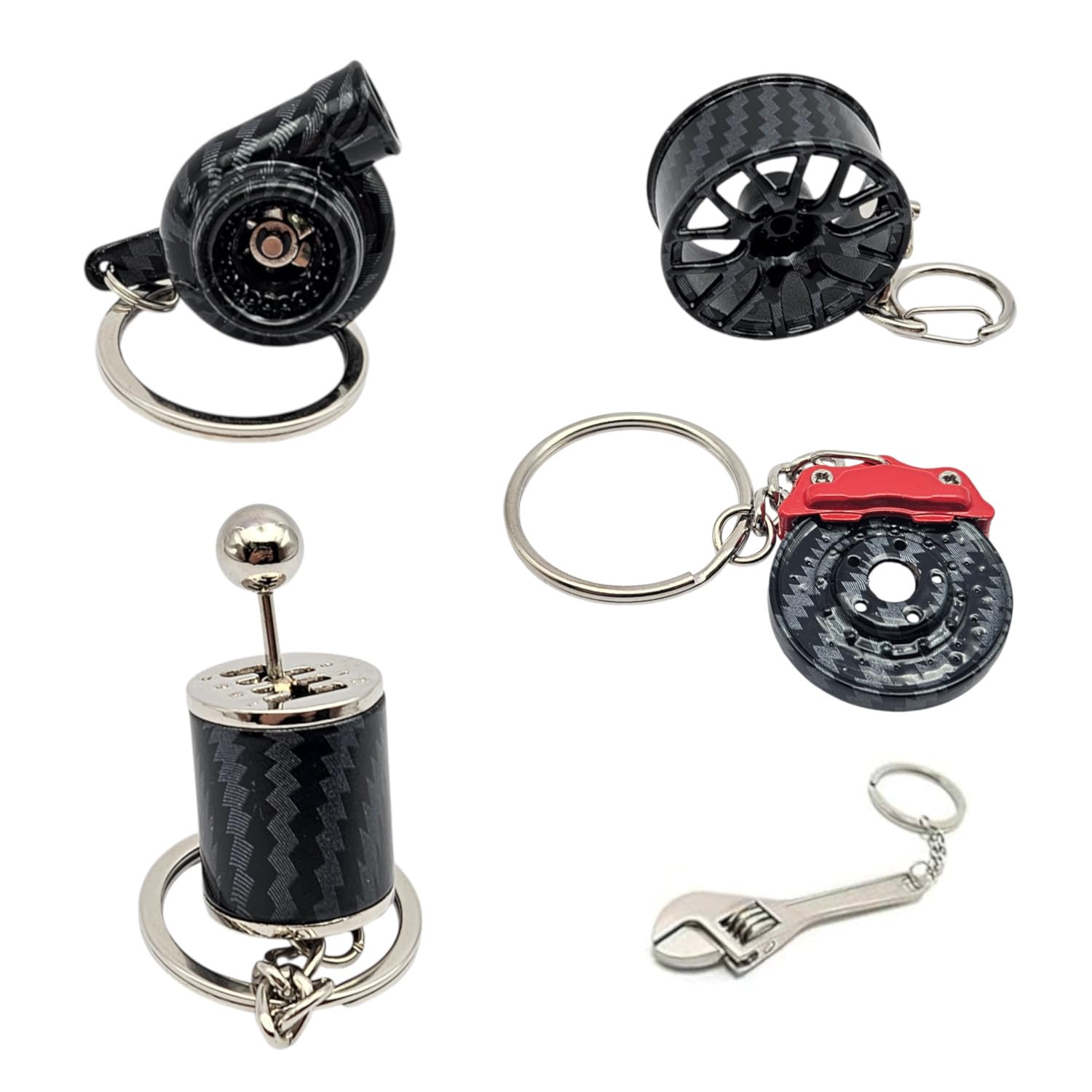 Gt//Rotors Carbon Fiber 5Pc Mini Auto Parts Keychains - Turbo, Six Speed Manual Gearbox Stick Shift, Wheel, Red Brake Rotor, Wre