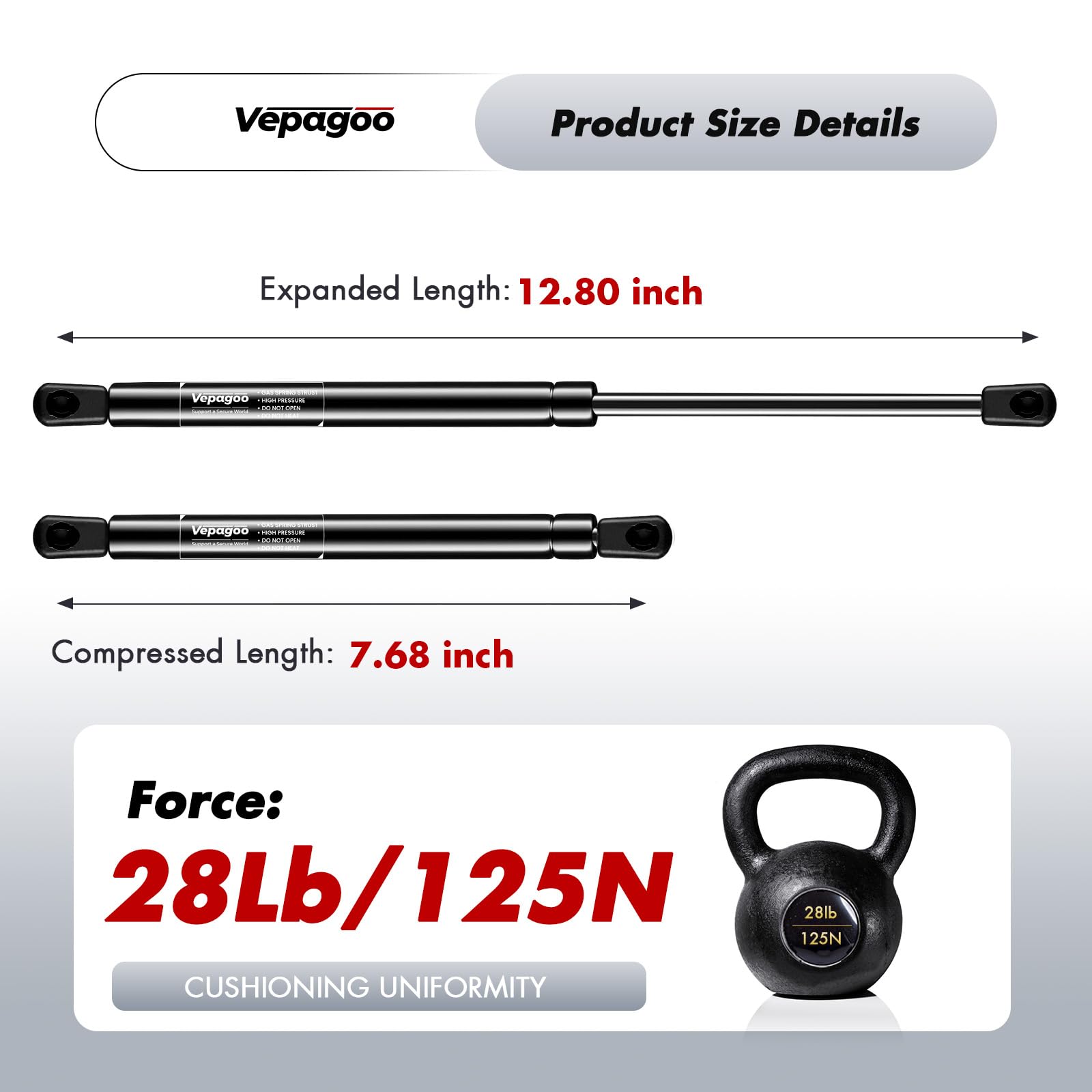 Vepagoo C1623070 13 Inch 28Lb/125N Gas Shock Strut For Snugtop Are Atc Camper Shell Topper Rear Window, Truck Cap Canopy Toolbox