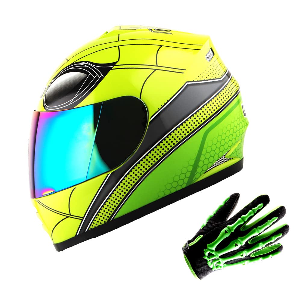 Wow Youth Motorcycle Full Face Helmet Street Bike Bmx Mx Kids Spider Green + Mx Skeleton Glove Bundle