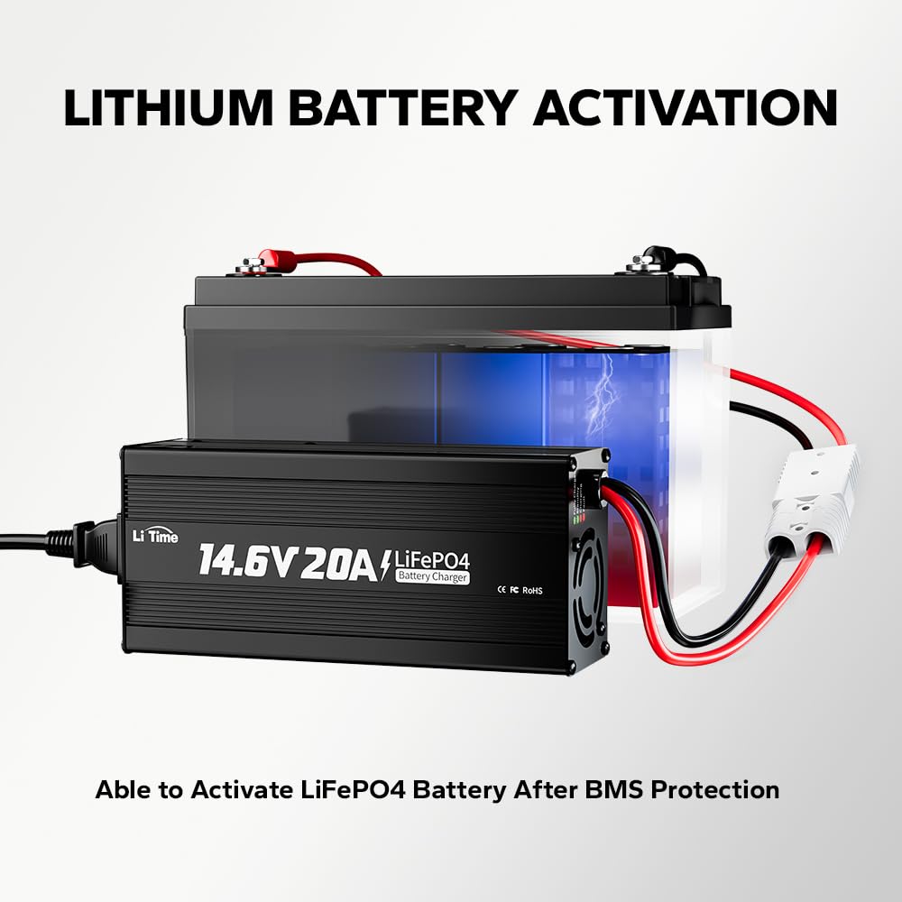 LiTime 12V 20A Lithium Battery Charger 14.6V LiFePO4 Battery Charger AC-DC Smart Charger with Anderson Connector LED Indicator S