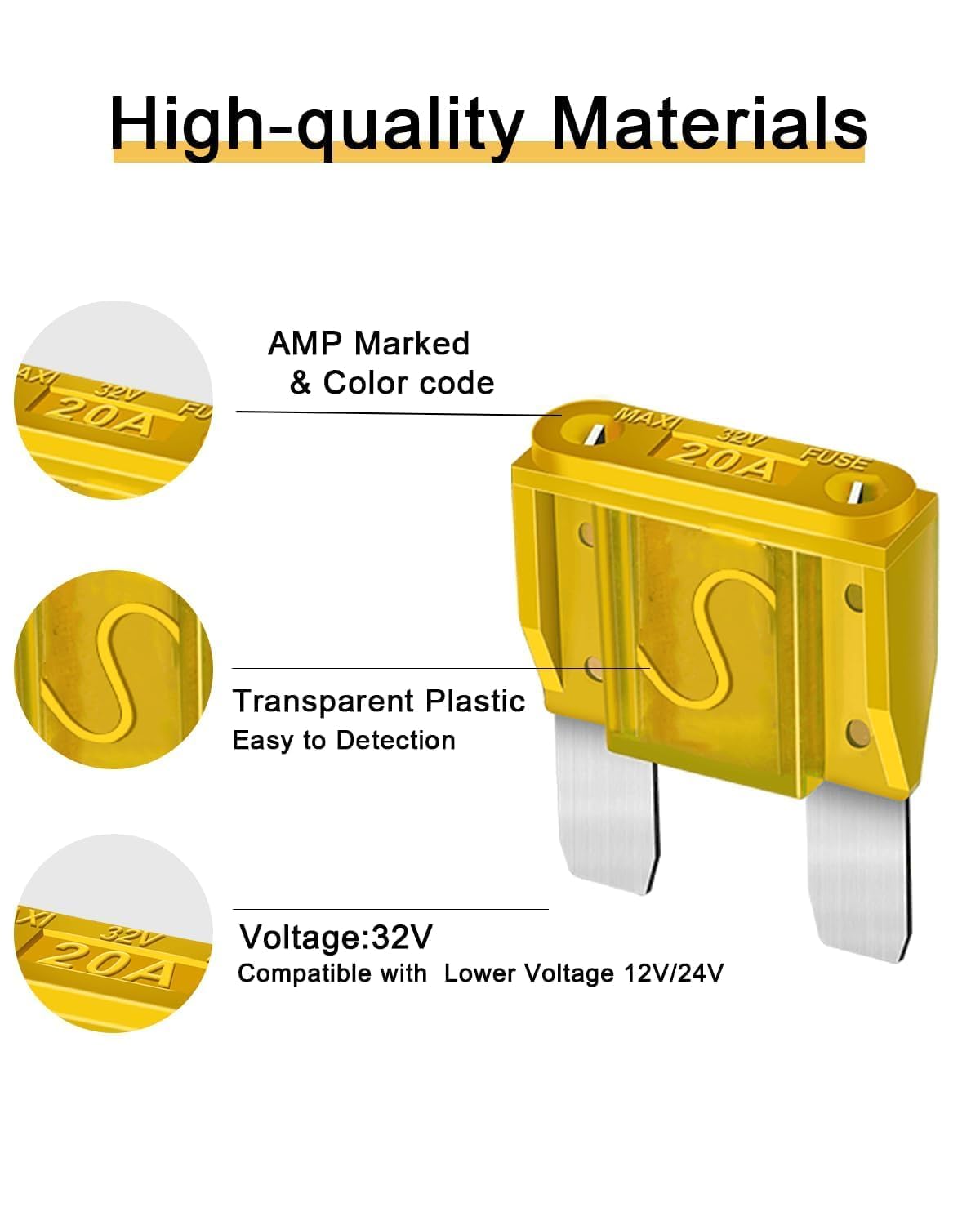10Pcs 20Amp Maxi Fuses - 20A 32V Automotive Blade Fuse For Auto, Car, Rv, Boat, Truck