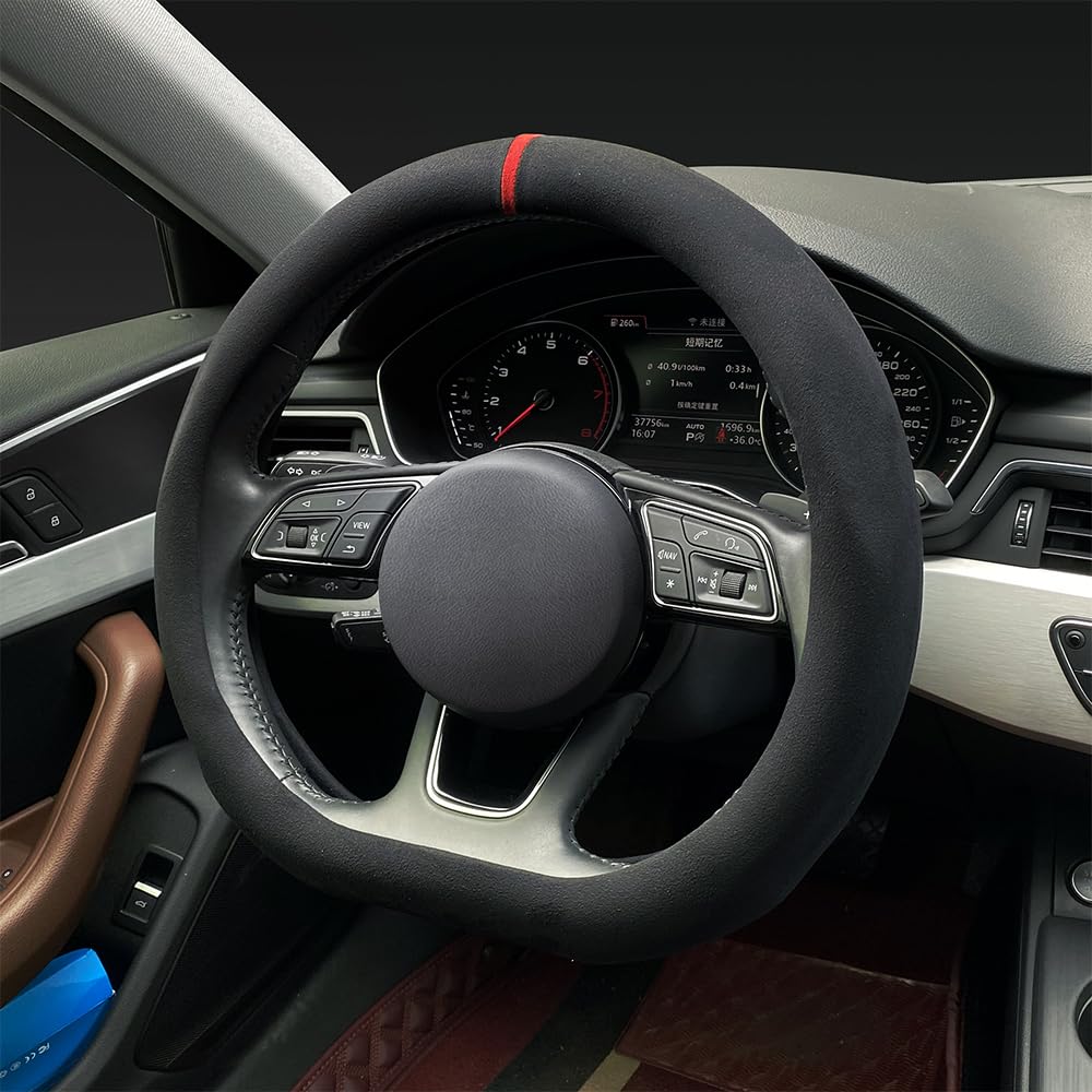 Carodi Car Suede Steering Wheel Cover Car Non-Slip Leather Car Interior Fitting 15-Inch Universal(D-Shape,Black Red Label)