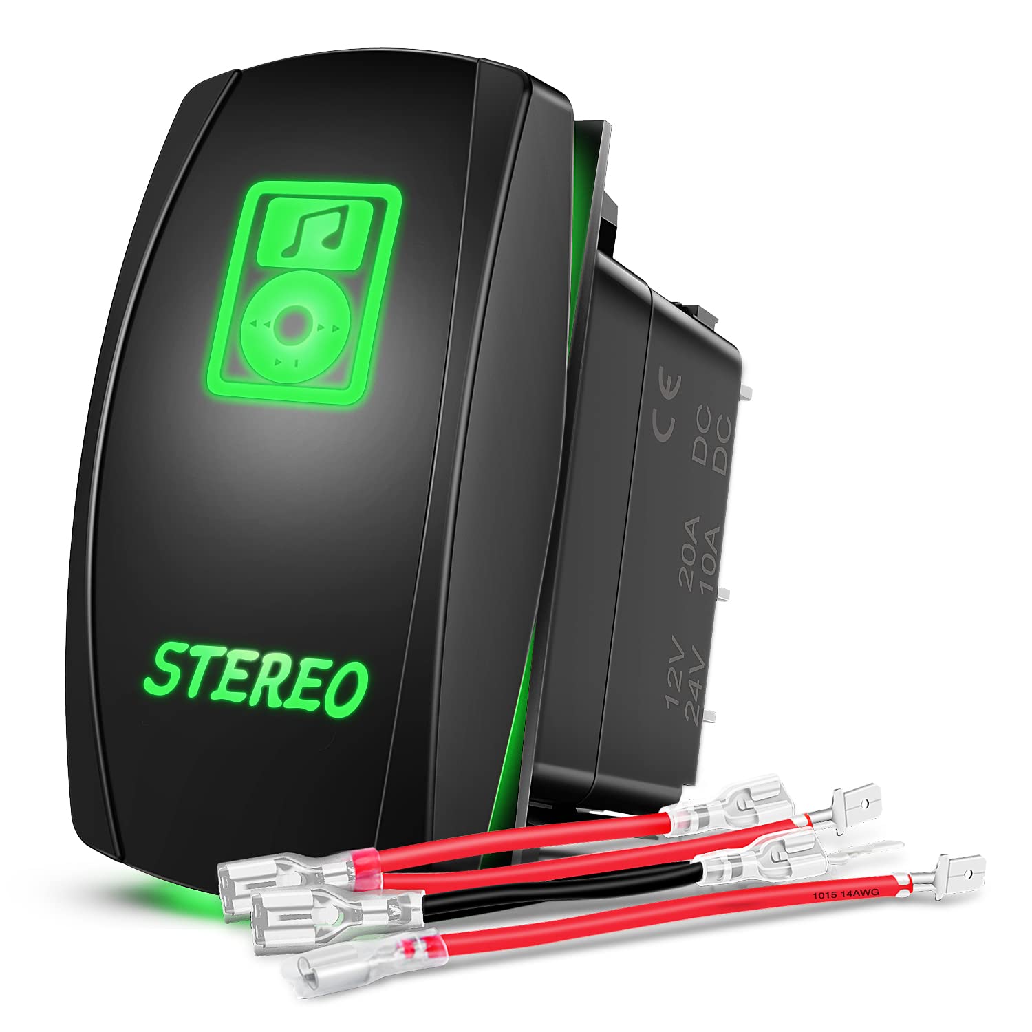 Nilight Stereo Rocker Switch Led Light Bar 5Pin Laser On Off SPST switches 20A/12V 10A/24V Green with Jumper Wires Set for Cars 