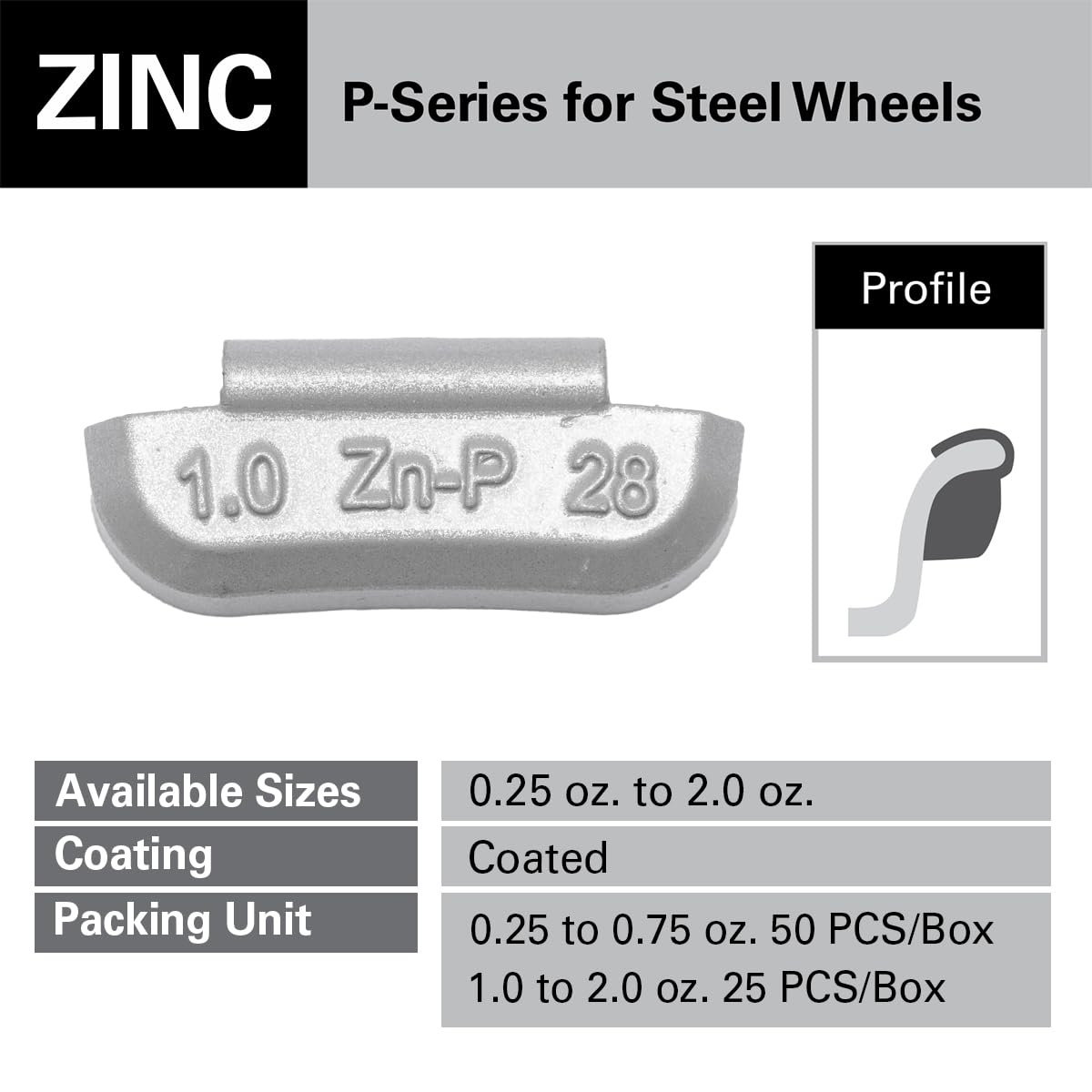 CKAuto P Series Zinc Clip on Wheel Weights 1oz, Coated, 25Pcs/Box Fit for Steel Wheel