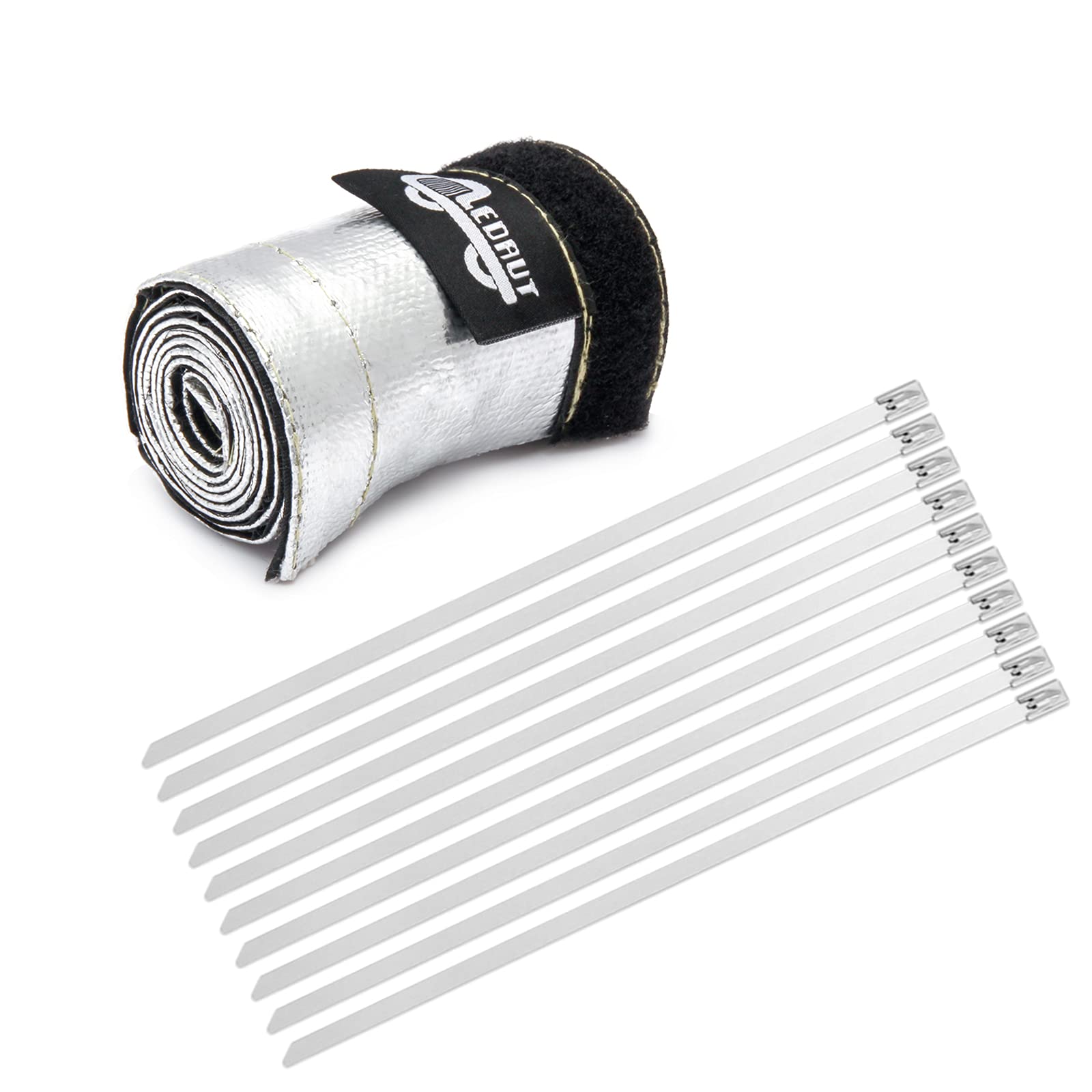 Heat Shroud Aluminized Sleeving Heat Shield Fuel Line Wire Heat Sleeve 3/4'' I.D. X 3Ft With 10 Pcs 7.8Inch Stainless Steel Cabl