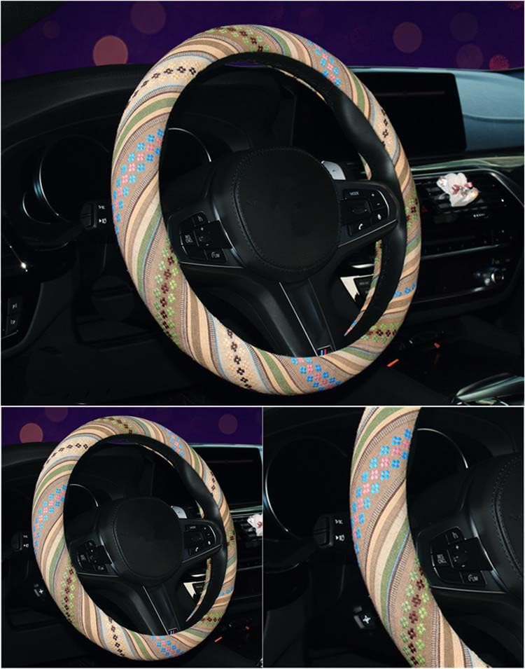 Istn Ethnic Style Coarse Flax Cloth Automotive Steering Wheel Cover Anti Slip And Sweat Absorption Auto Car Wrap Cover (L, 14.5'