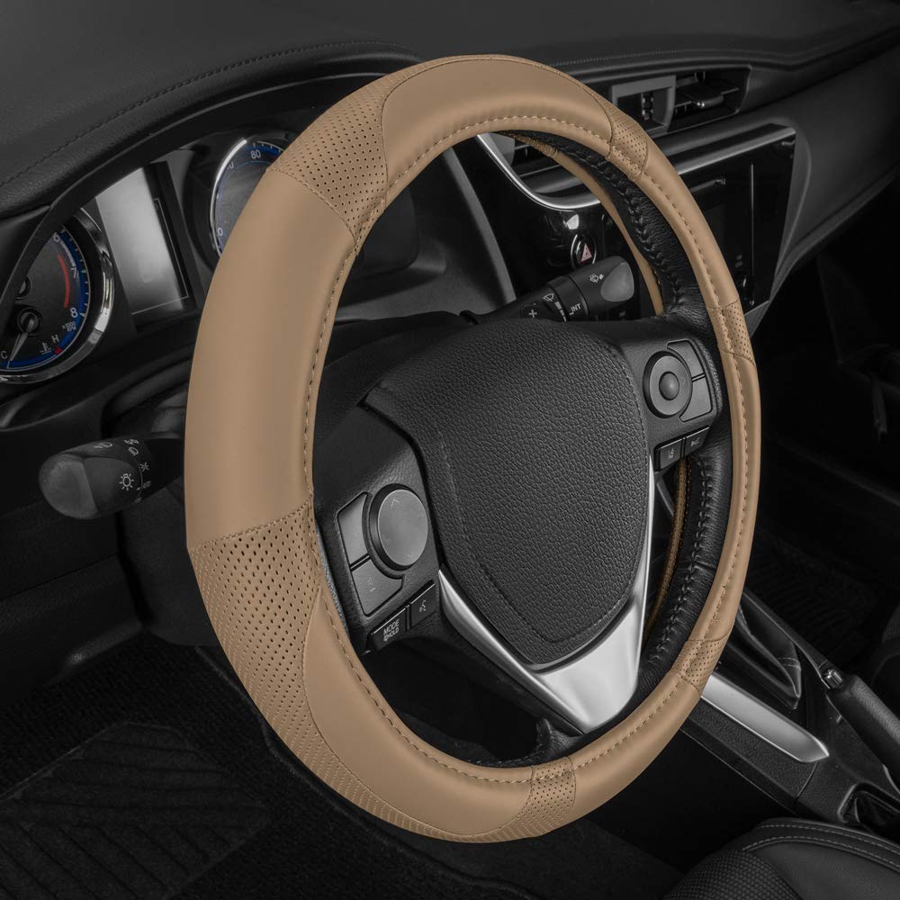 Motor Trend Beige Classic Stitch Perforated Simulated Leather Steering Wheel Cover, All Beige