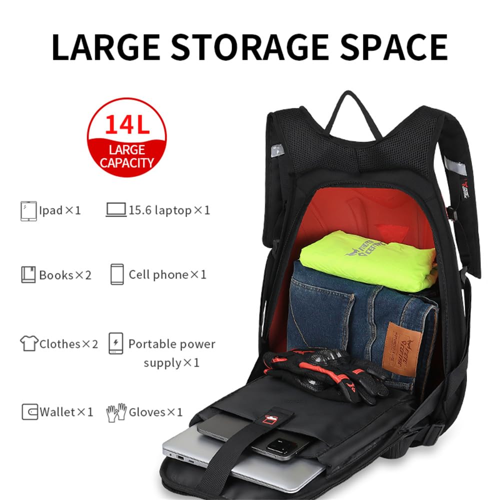 Mjmoto Motorcycle Backpack Waterproof Large Capacity Carbon Fiber Rider Backpack Hard Shell Reflective Motorbike Travel Suitcase Light Version (Black)
