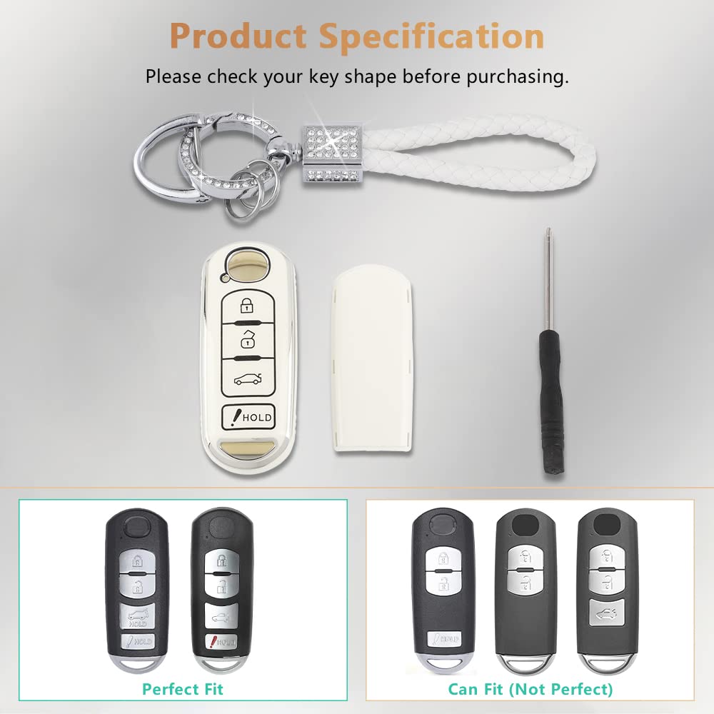 Pifoog Key Fob Cover For Mazda Tpu Soft Car Smart Keys Case Shell 4 Button Key Full Covers For Mazda 3 6 Cx5 Cx9 Cx3 Mx5 Bling Keychain Accessories Girly Women White Silver