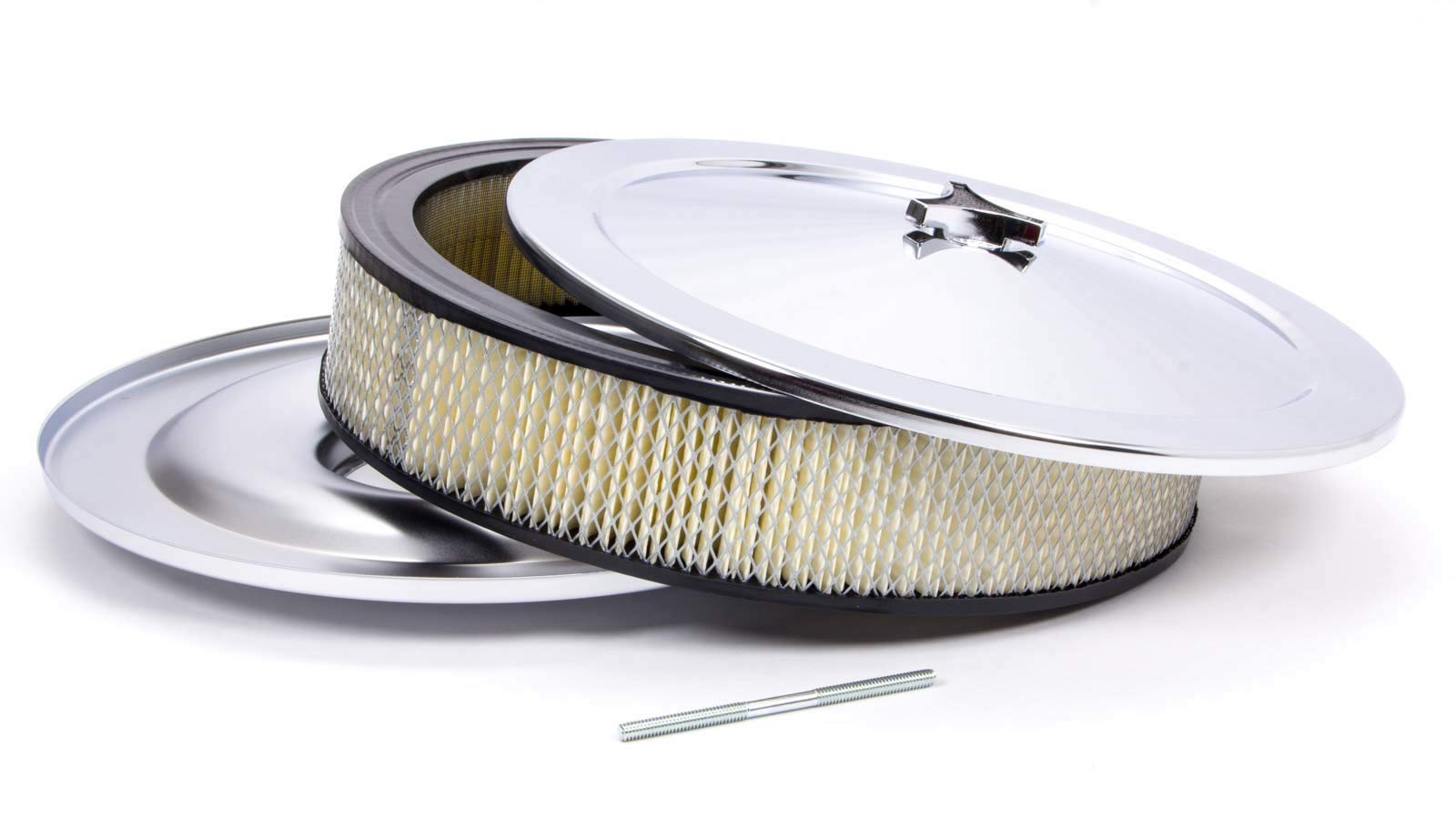 Racing Power Company Air Cleaner Assembly, Muscle Car, 14 in Round, 3 in Element, 5-1/8 in Carb Flange, Flat Base, Steel, Chrome