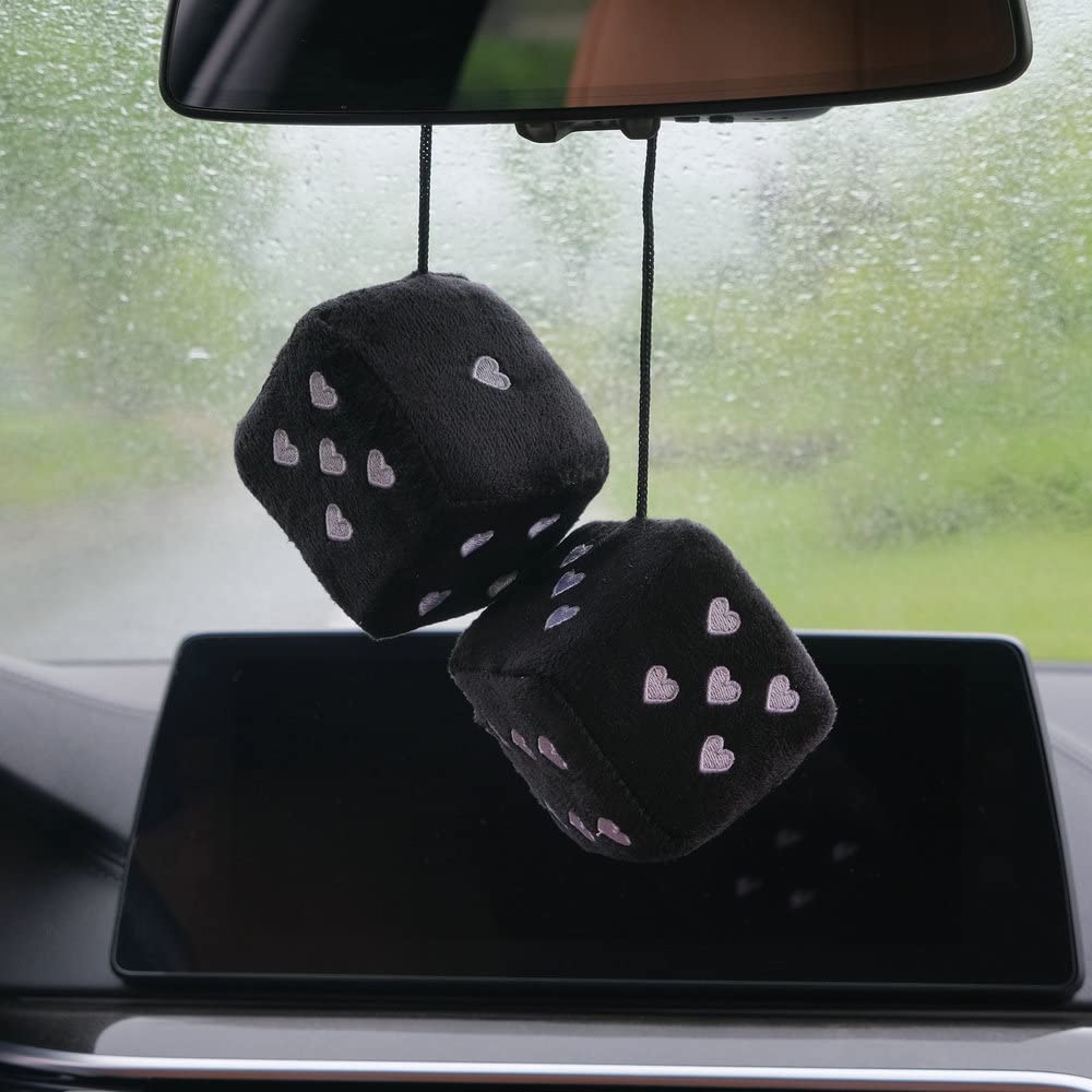 Pair 3    Black Fuzzy Plush Dice Heart Shape Decor for Car Rearview Mirror, Retro Square Decoration Dice for Car Hanging Accesso