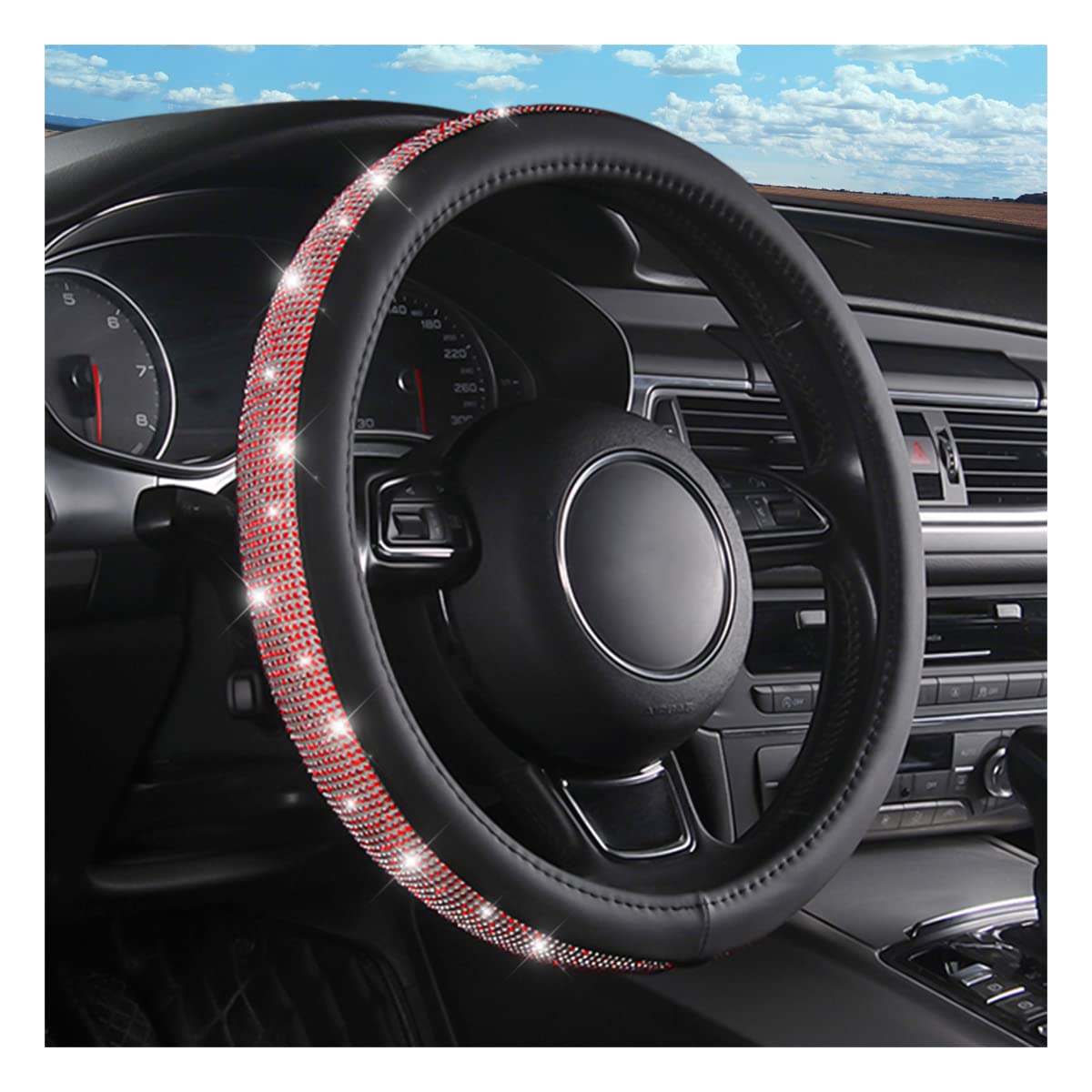 Leather Steering Wheel Cover, Bling Diamond Steering Wheel Protector, Universal Fit 15 Inch Anti-Slip Sparkling Crystal Wheel Pr