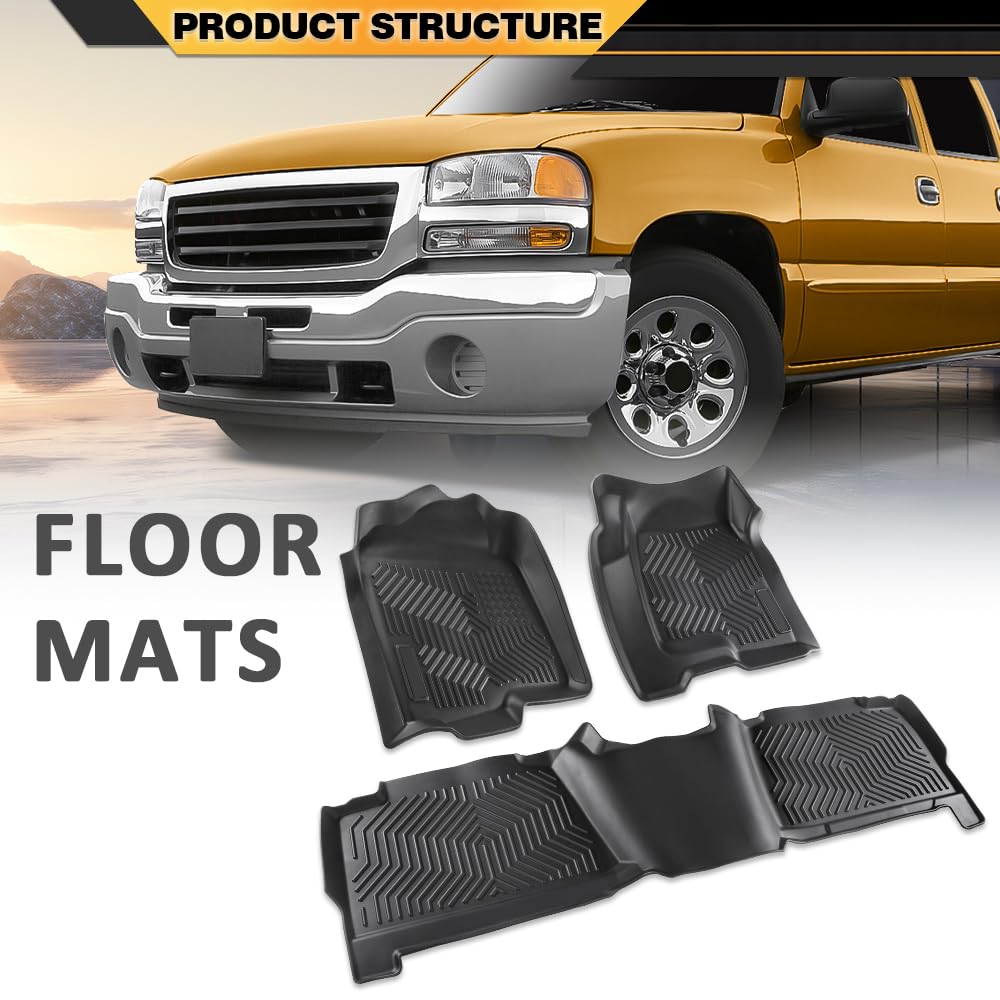 G-PLUS TPE Floor Mats Compatible with Chevy Silverado/GMC Sierra 1500 Crew Cab 1999-2006 3PCS Cargo Liner All Weather Full Cover
