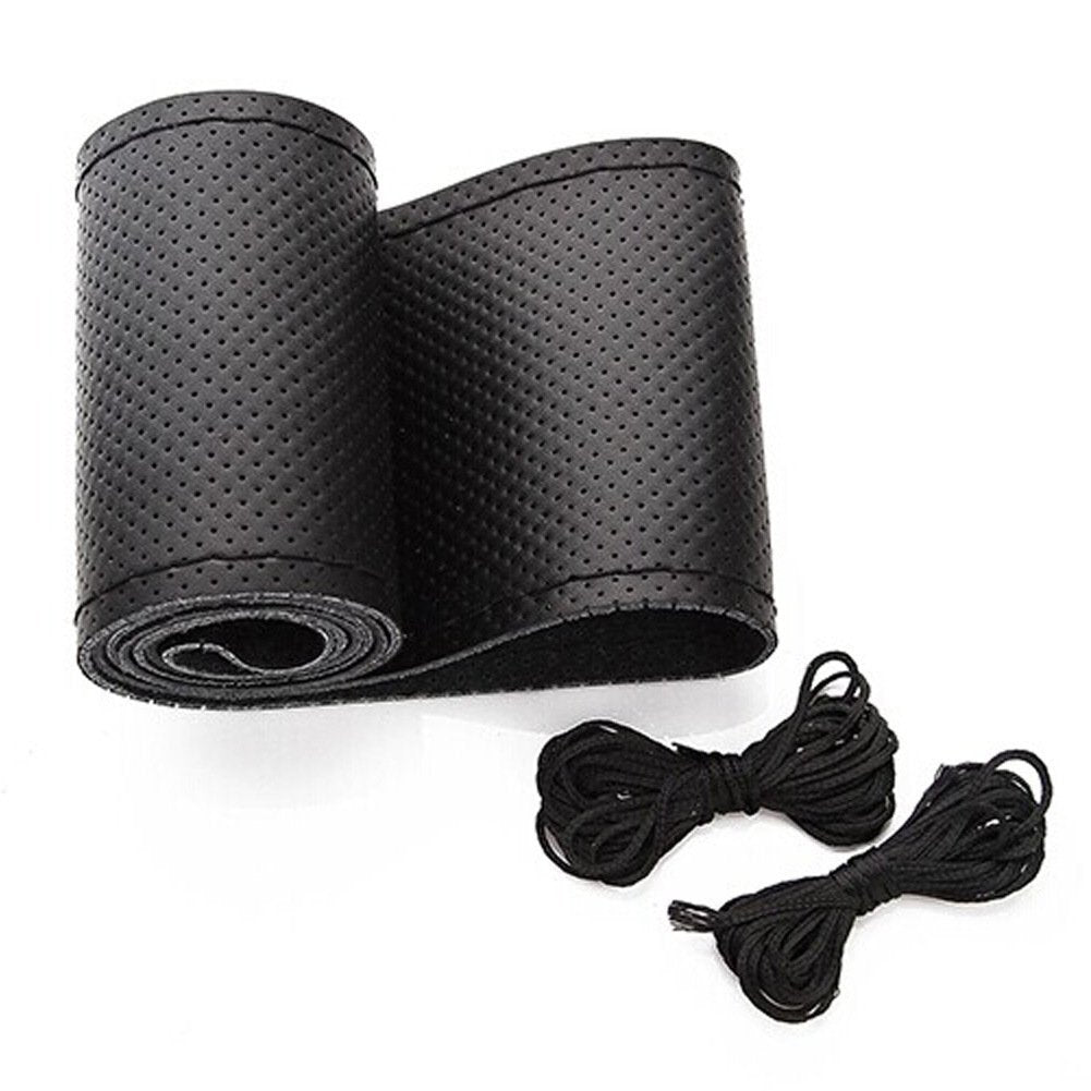 Belinous Universal Leather Car Steering Wheel Cover, Stitch On Wrap (Size L1, Black)