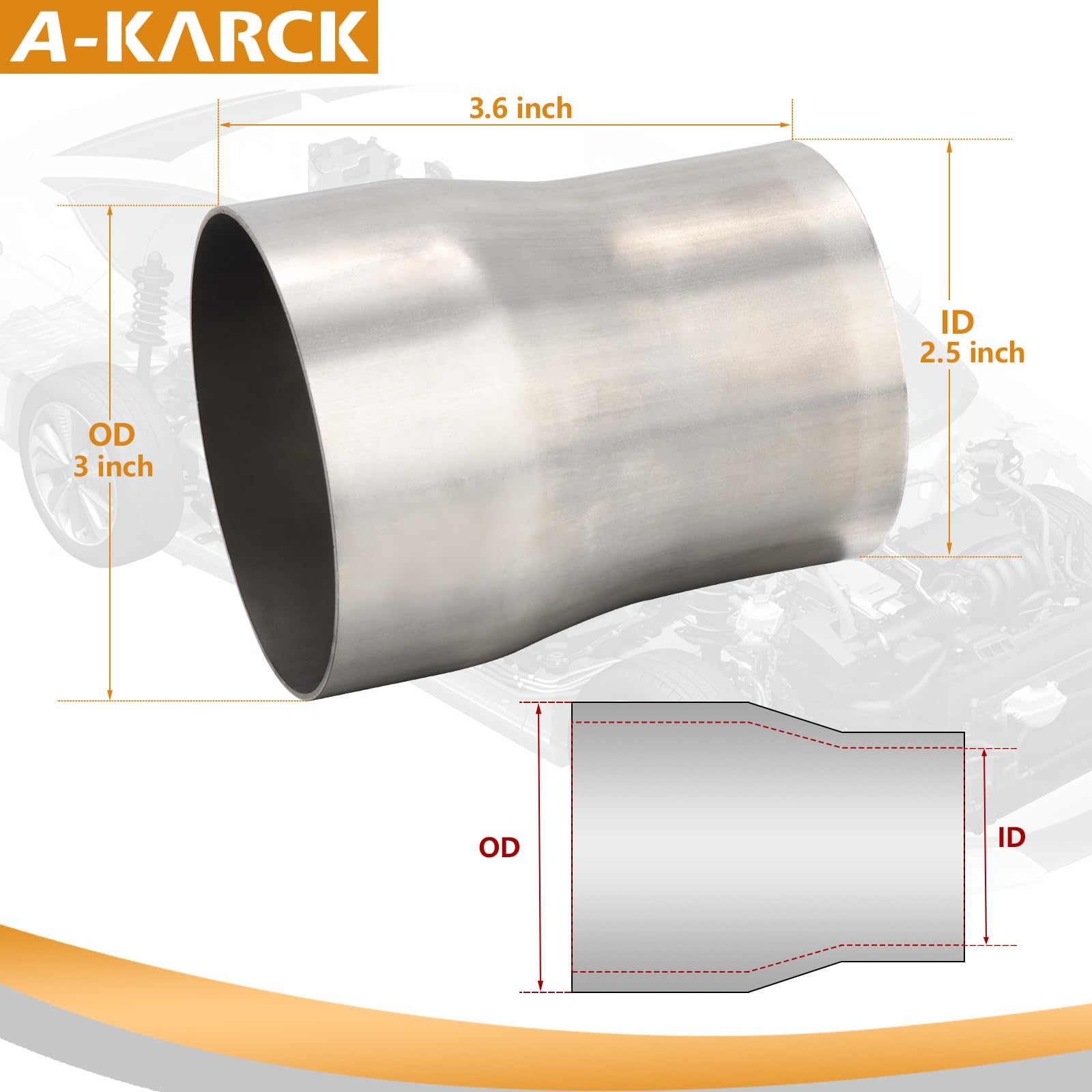 A-KARCK Stainless Steel Exhaust Adapter 2.5'' ID to 3'' OD, Exhaust Pipe Reducer 3.6'' Overall Length