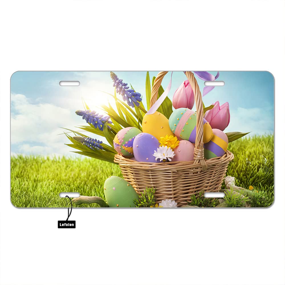 Lefolen Easter Eggs Front License Plate Aluminum Novelty Basket With Easter Eggs Green Grass Metal Vanity Tags 6'' X 12'' For Me