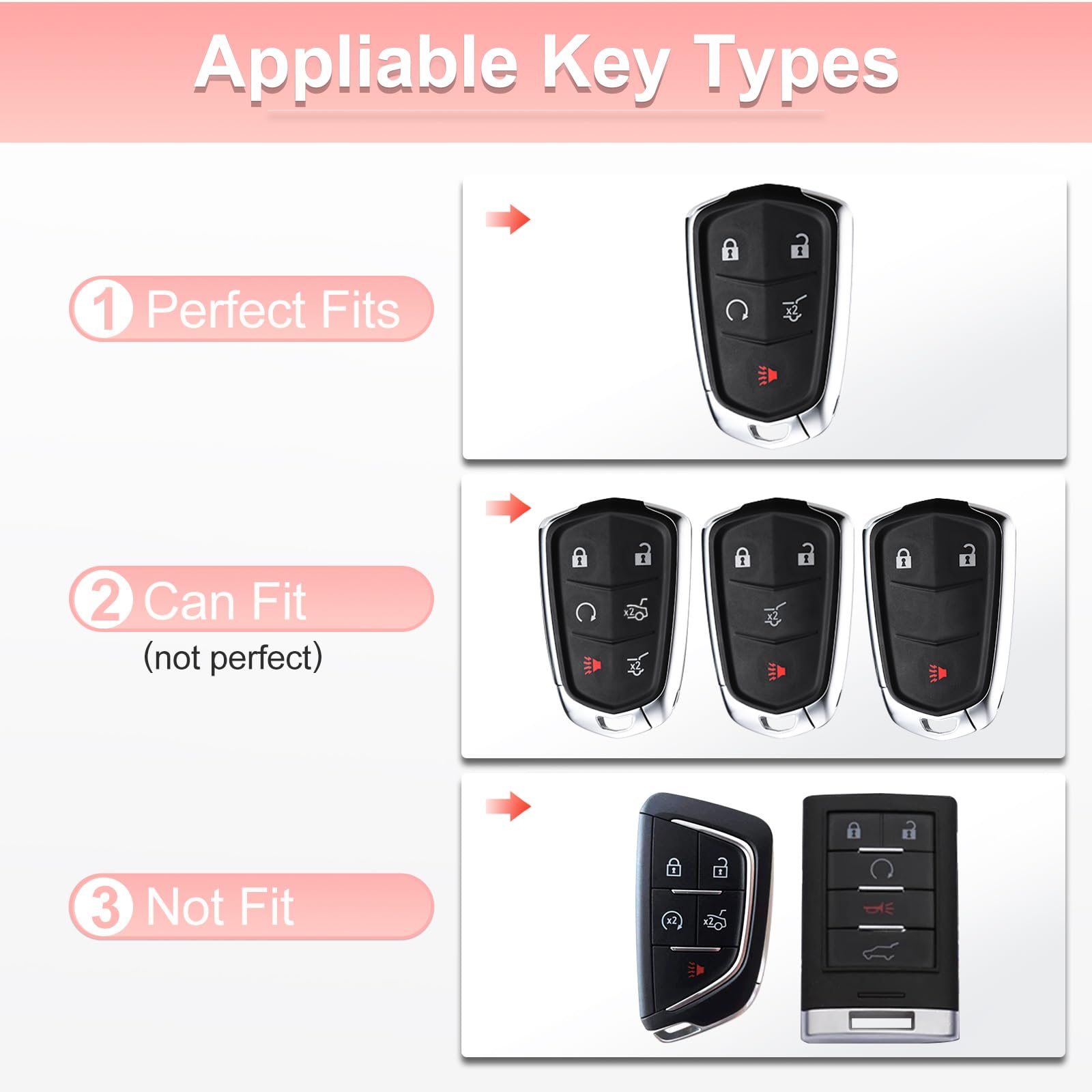 Pangpai Pink Car Accessories 3 Pcs For 5 Buttons Cadillac Escalade Cts Srx Xt5 Ats Ct6 Key Fob Cover With Bling Keychain Cute Pu